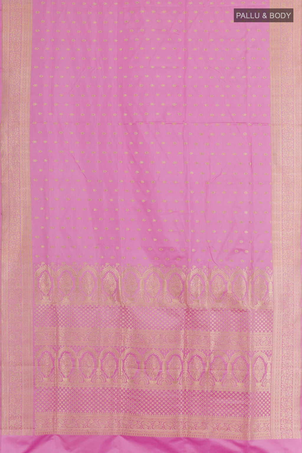 Flat view of Pink Banarasi Silk Saree with Zari Butta on the body and Zari Border. 