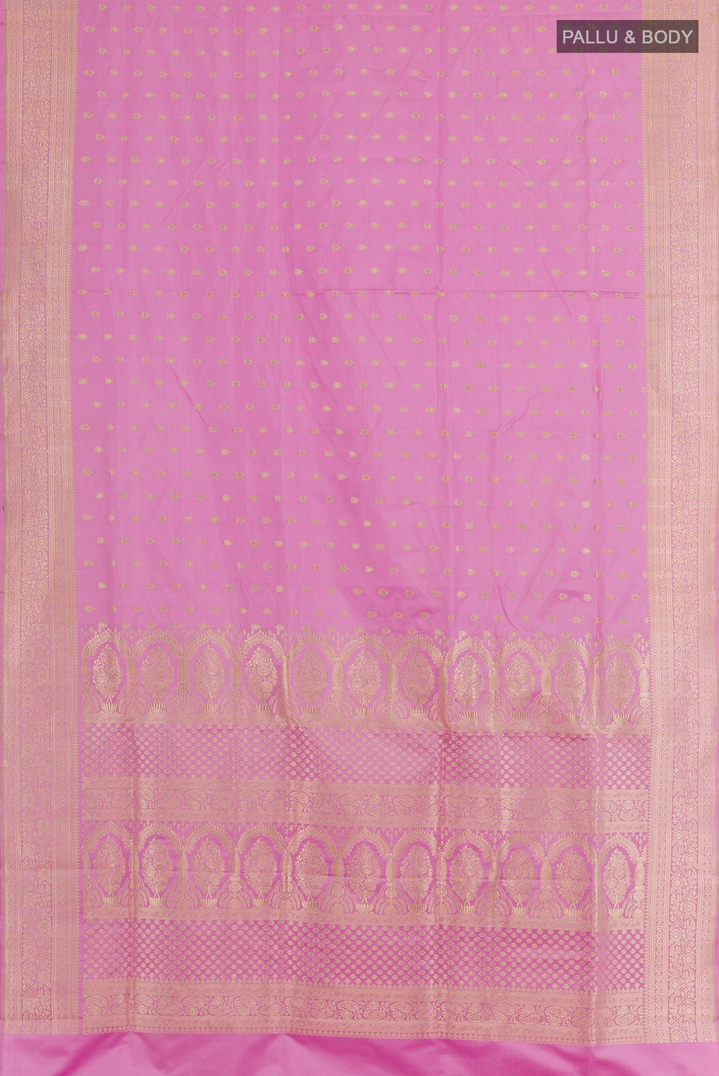 Flat view of Pink Banarasi Silk Saree with Zari Butta on the body and Zari Border. 