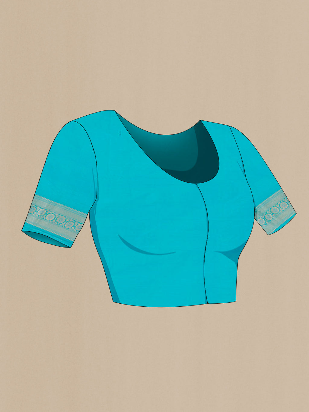 Close up image of the blouse of Blue Banarasi Silk Saree with Zari Brocade on the body and Zari Border. 