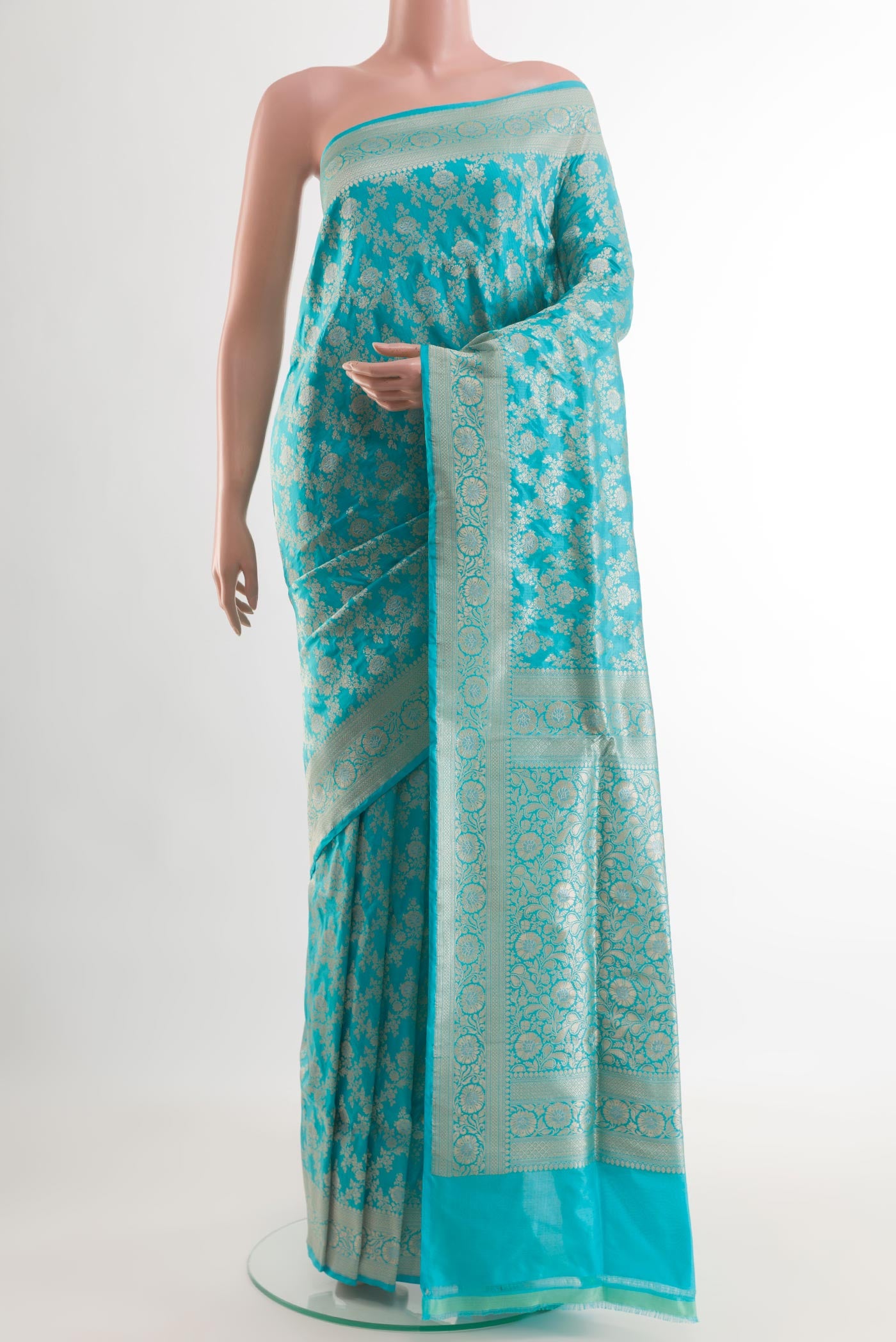 Blue Banarasi Silk Saree with Zari Brocade on the body and Zari Border.  displayed on a mannequin