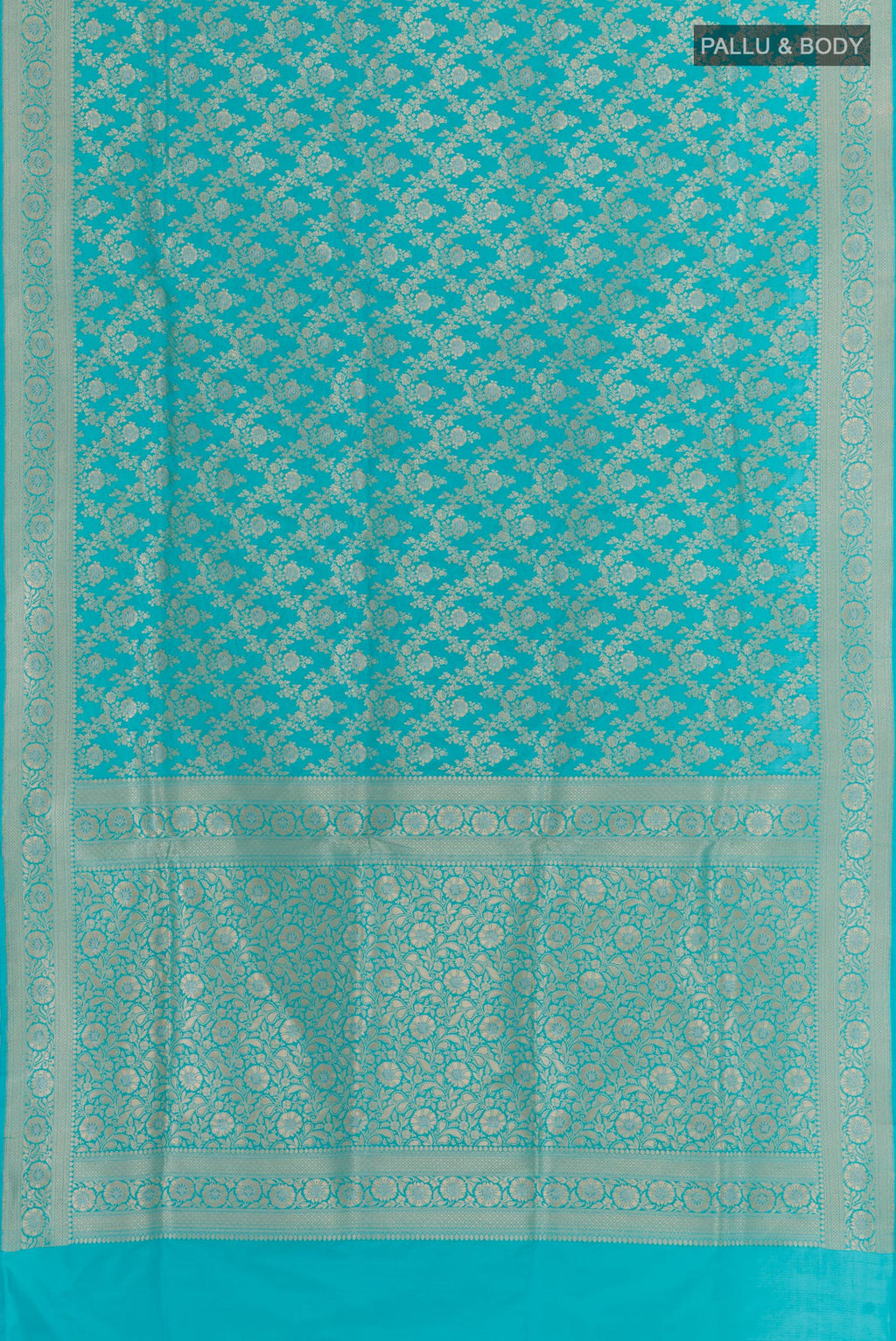 Flat view of Blue Banarasi Silk Saree with Zari Brocade on the body and Zari Border. 