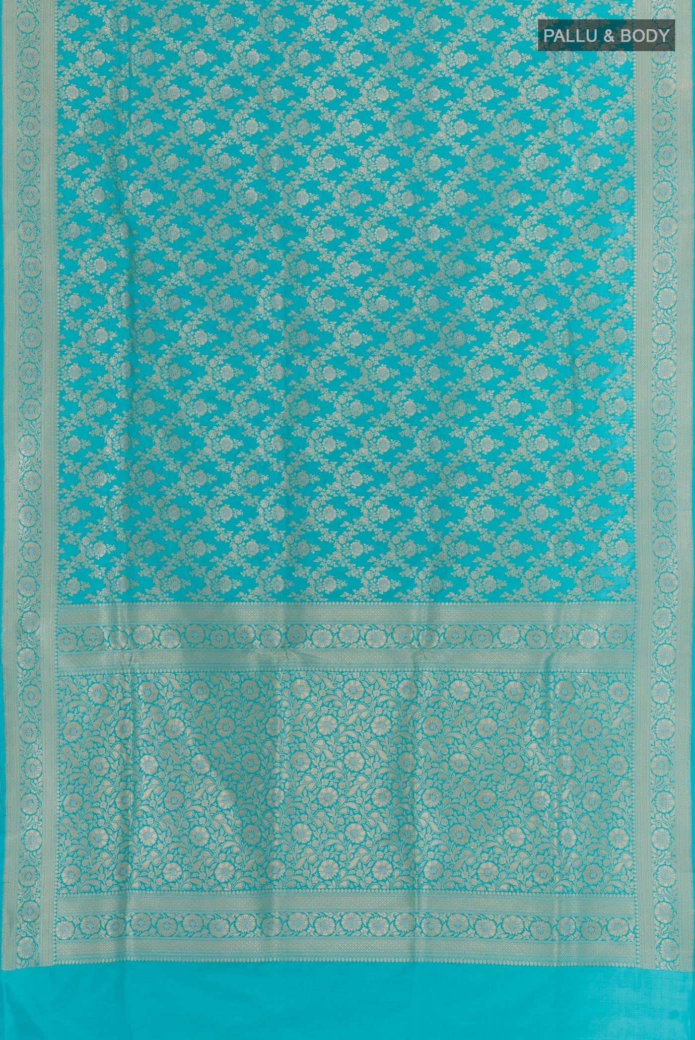 Flat view of Blue Banarasi Silk Saree with Zari Brocade on the body and Zari Border. 