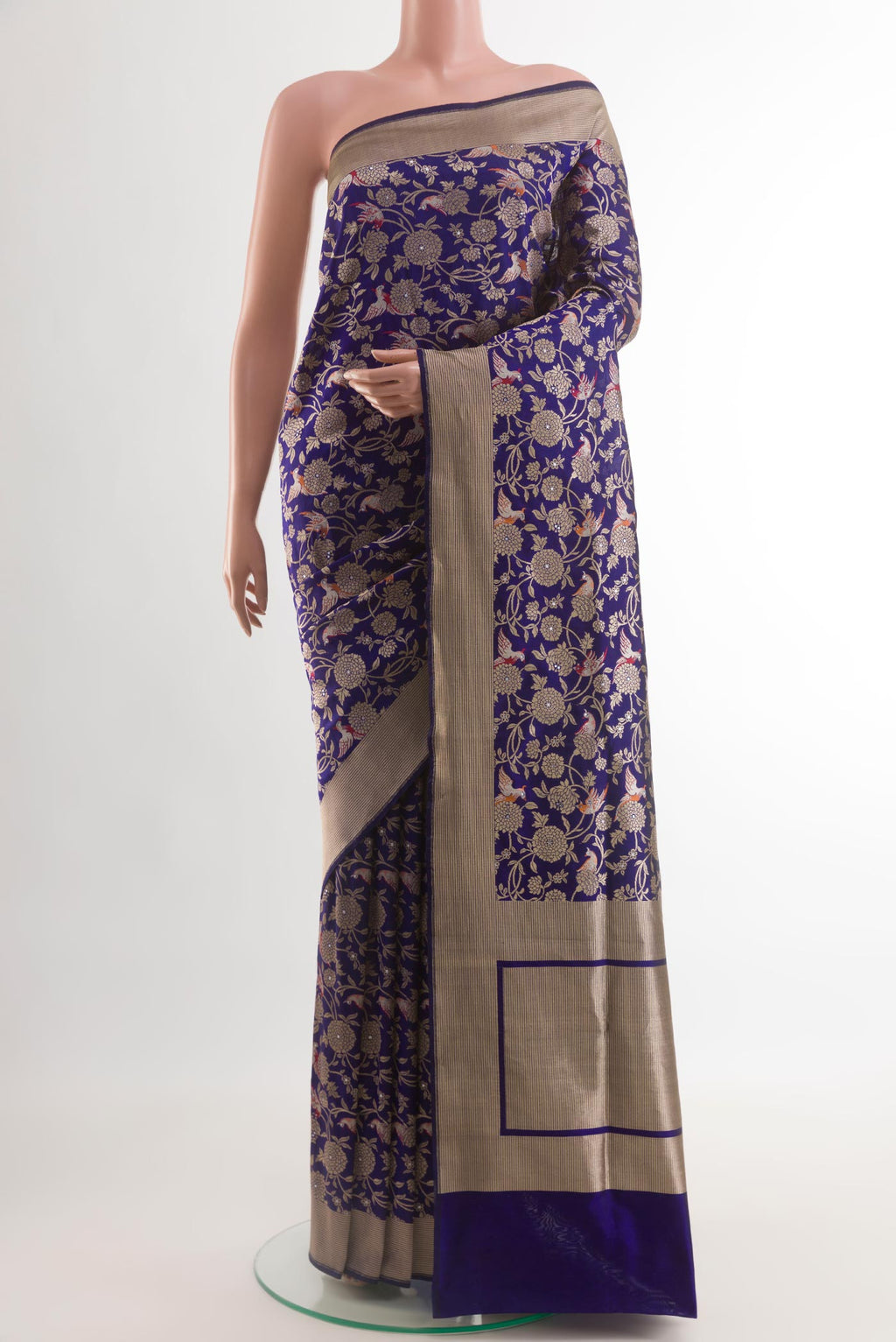 Dark Blue Banarasi Silk Saree with Zari Brocade on the body and Zari Border.  displayed on a mannequin