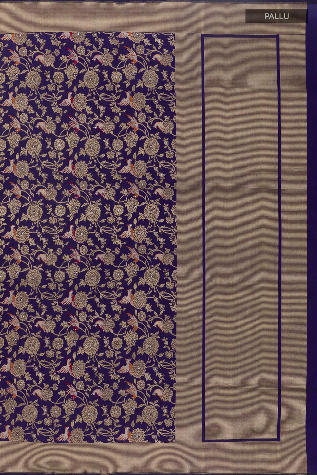 Close up image of the pallu of Dark Blue Banarasi Silk Saree with Zari Brocade on the body and Zari Border. 