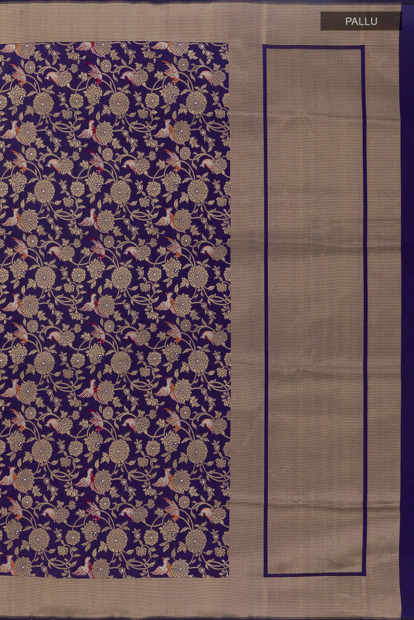 Close up image of the pallu of Dark Blue Banarasi Silk Saree with Zari Brocade on the body and Zari Border. 