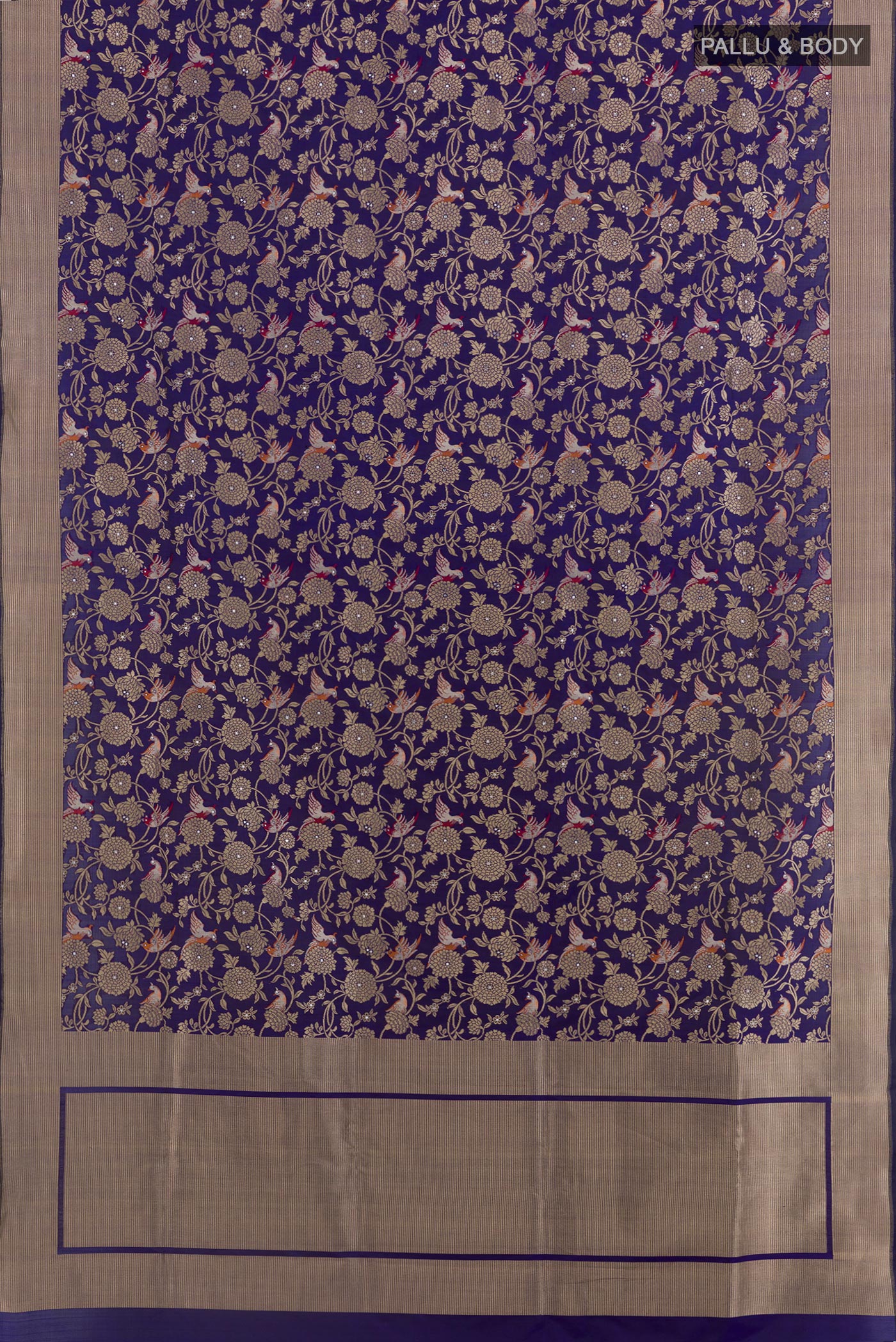 Flat view of Dark Blue Banarasi Silk Saree with Zari Brocade on the body and Zari Border. 