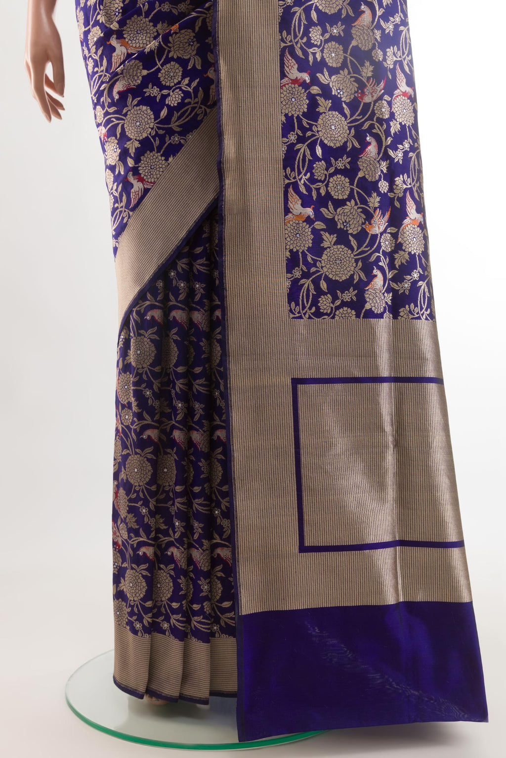 Pleats and pallu of Dark Blue Banarasi Silk Saree with Zari Brocade on the body and Zari Border. 