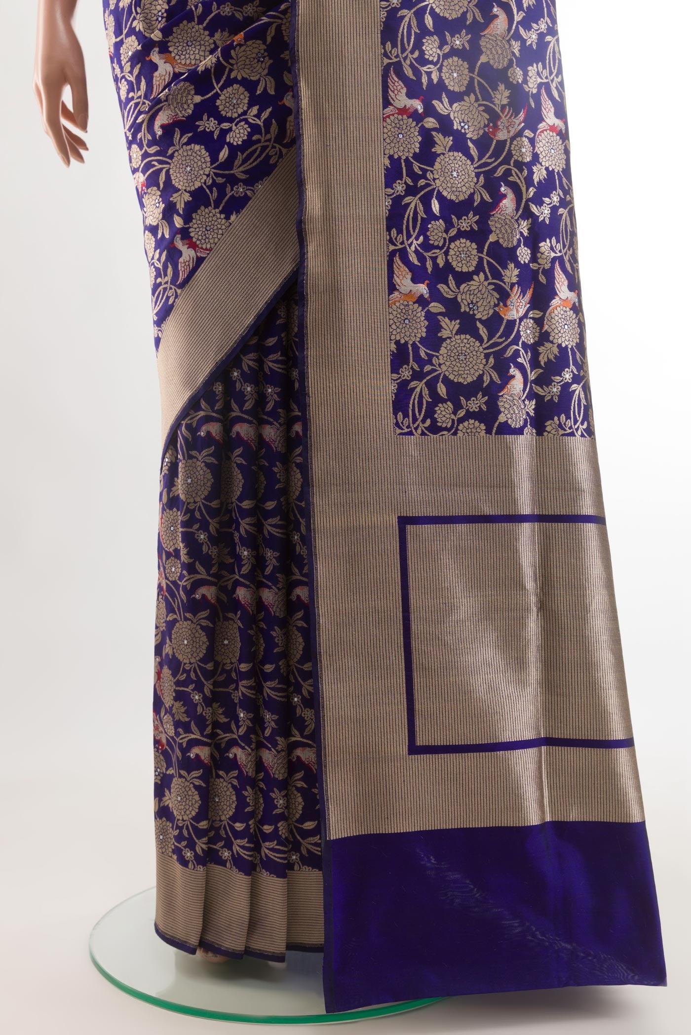 Pleats and pallu of Dark Blue Banarasi Silk Saree with Zari Brocade on the body and Zari Border. 