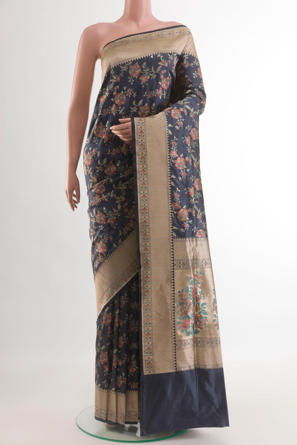 Blue Grey Banarasi Silk Saree with Zari Brocade on the body and Zari Border.  displayed on a mannequin