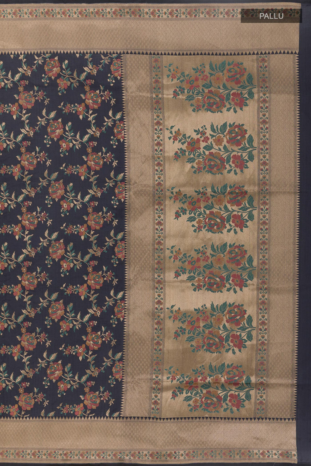 Close up image of the pallu of Blue Grey Banarasi Silk Saree with Zari Brocade on the body and Zari Border. 