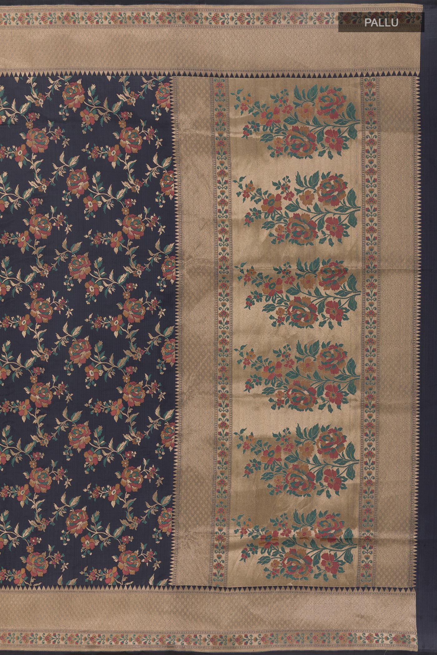 Close up image of the pallu of Blue Grey Banarasi Silk Saree with Zari Brocade on the body and Zari Border. 