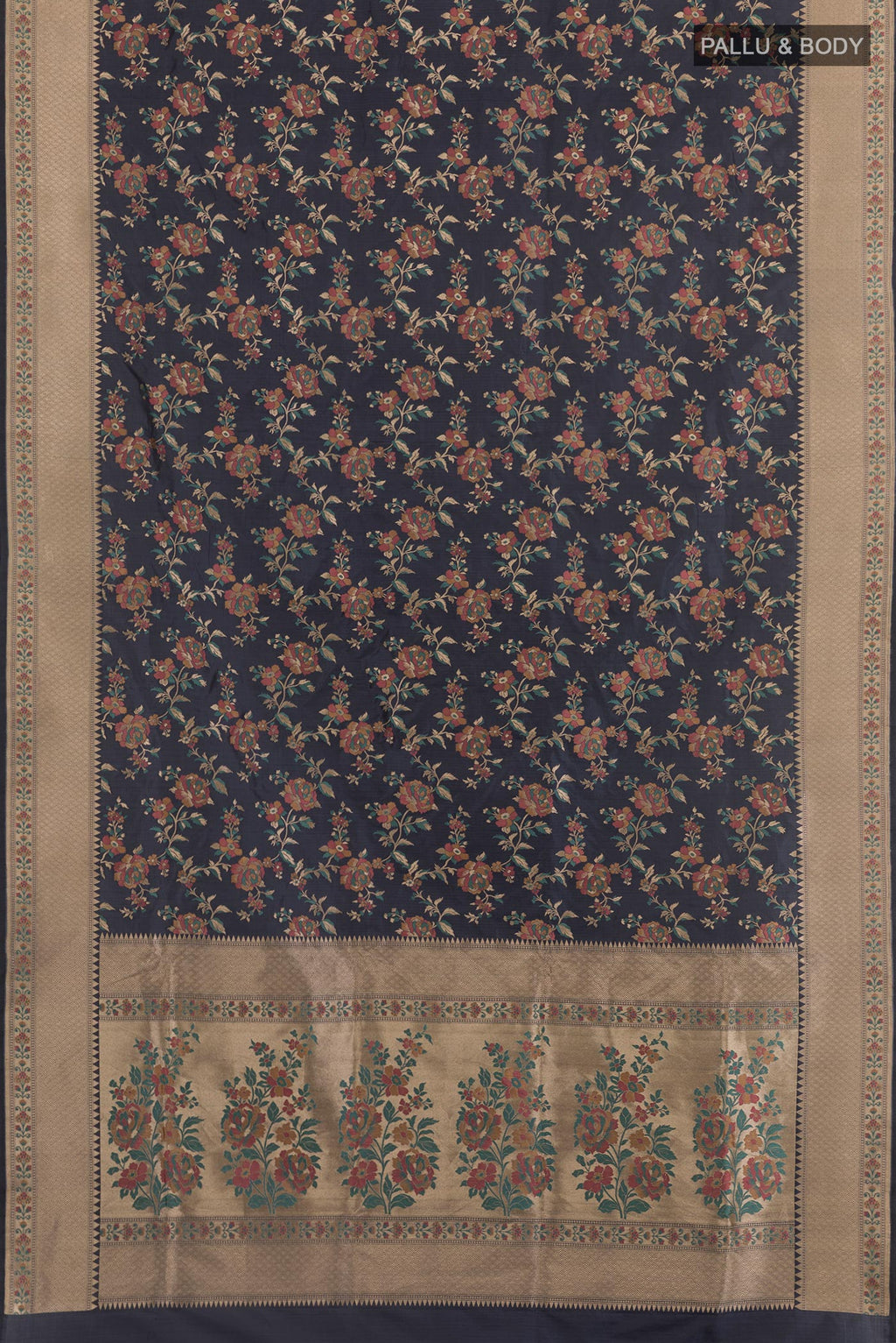 Flat view of Blue Grey Banarasi Silk Saree with Zari Brocade on the body and Zari Border. 