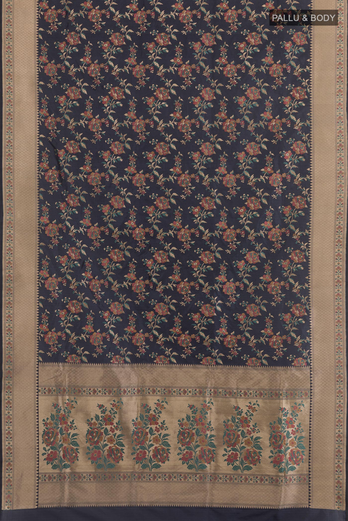 Flat view of Blue Grey Banarasi Silk Saree with Zari Brocade on the body and Zari Border. 