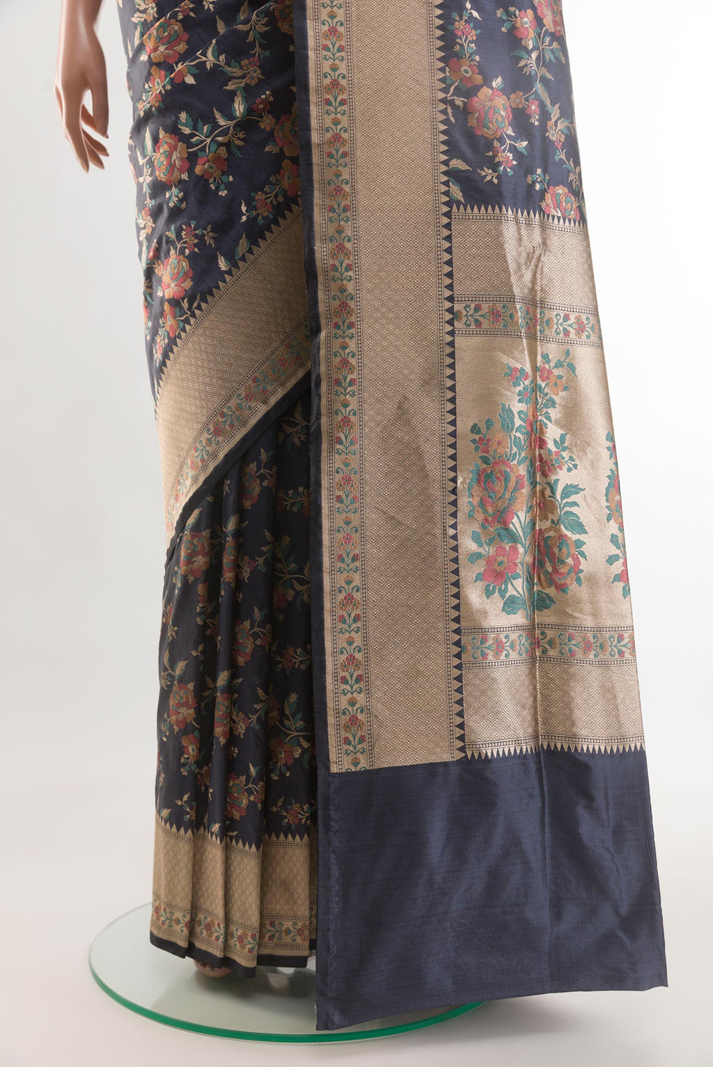 Pleats and pallu of Blue Grey Banarasi Silk Saree with Zari Brocade on the body and Zari Border. 