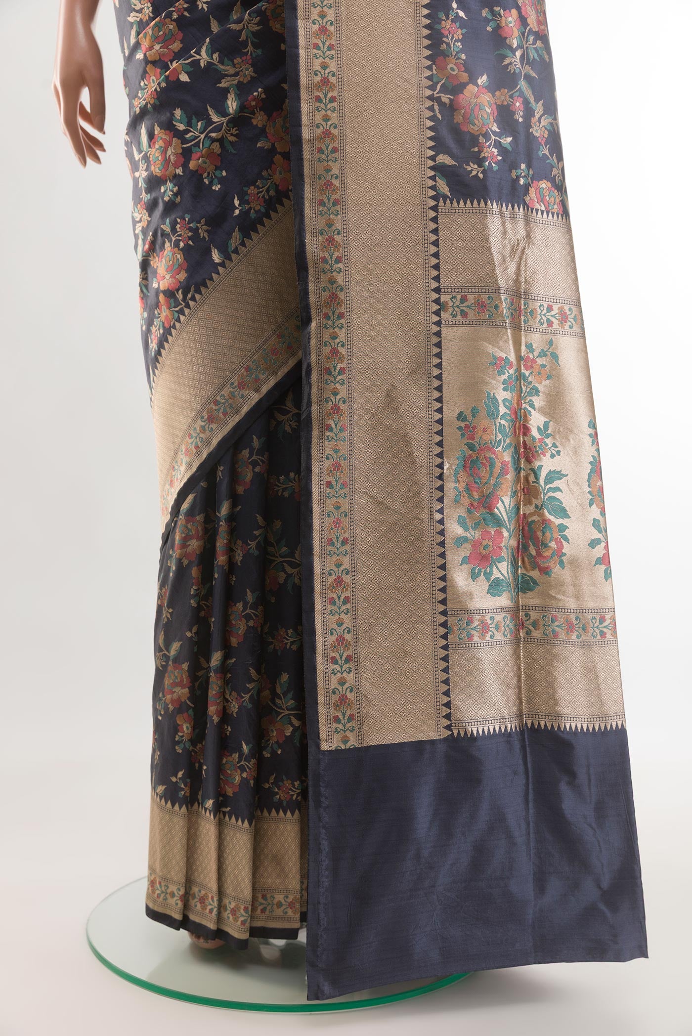Pleats and pallu of Blue Grey Banarasi Silk Saree with Zari Brocade on the body and Zari Border. 