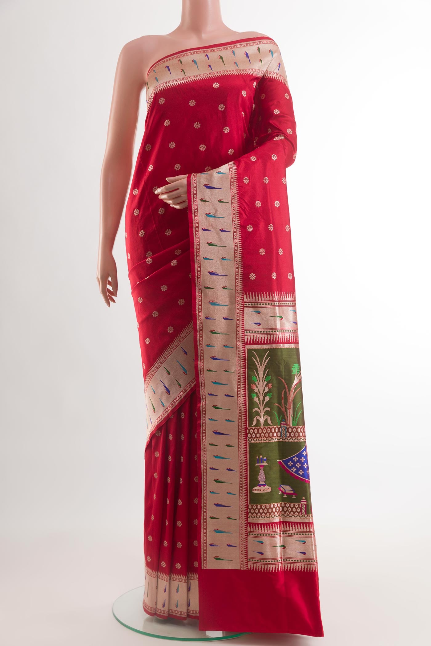 Red Banarasi Silk Saree with Zari Butta on the body and Paithani Border.  displayed on a mannequin