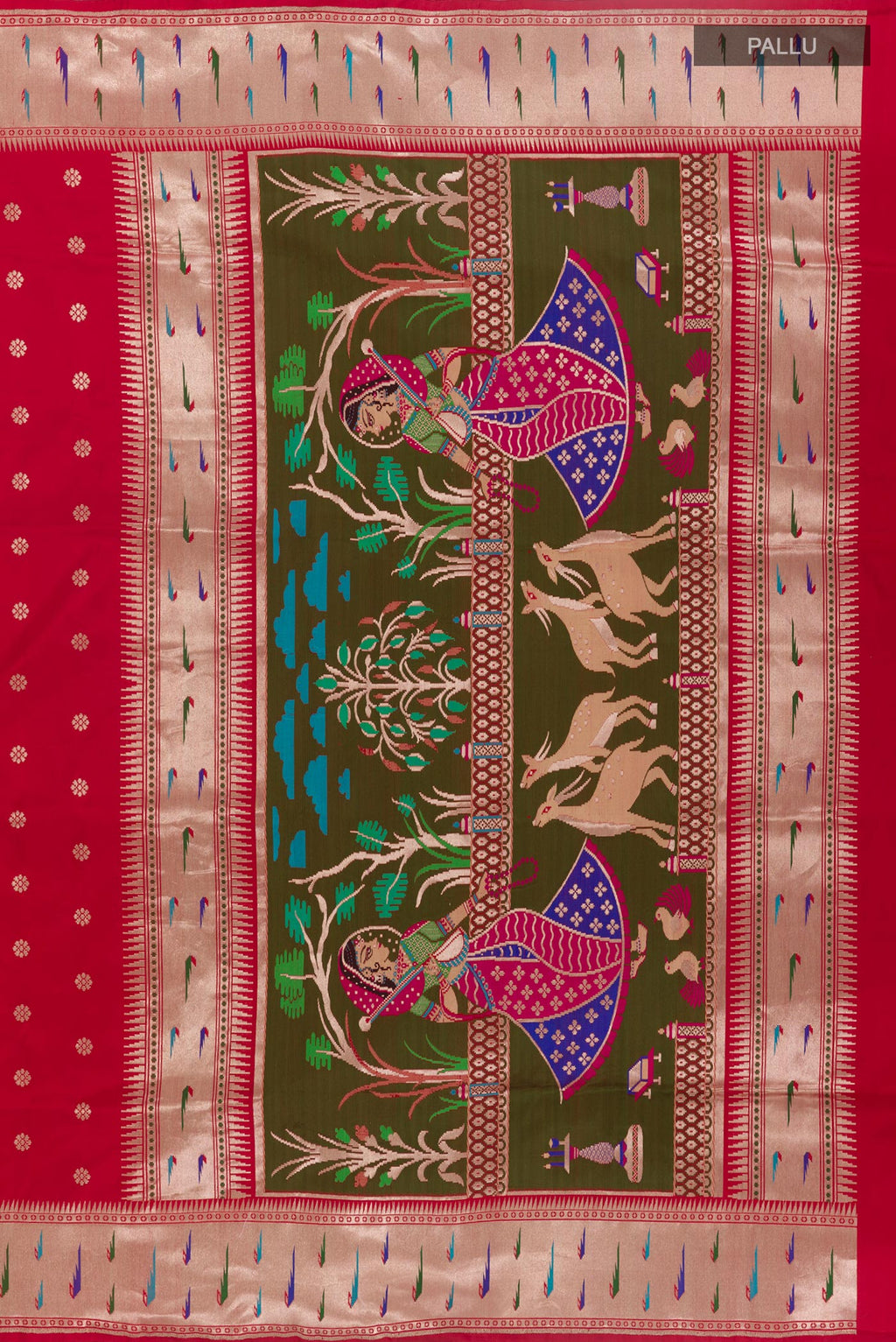 Close up image of the pallu of Red Banarasi Silk Saree with Zari Butta on the body and Paithani Border. 
