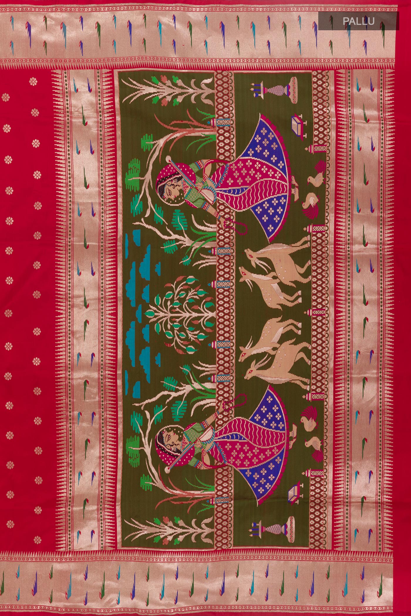 Close up image of the pallu of Red Banarasi Silk Saree with Zari Butta on the body and Paithani Border. 