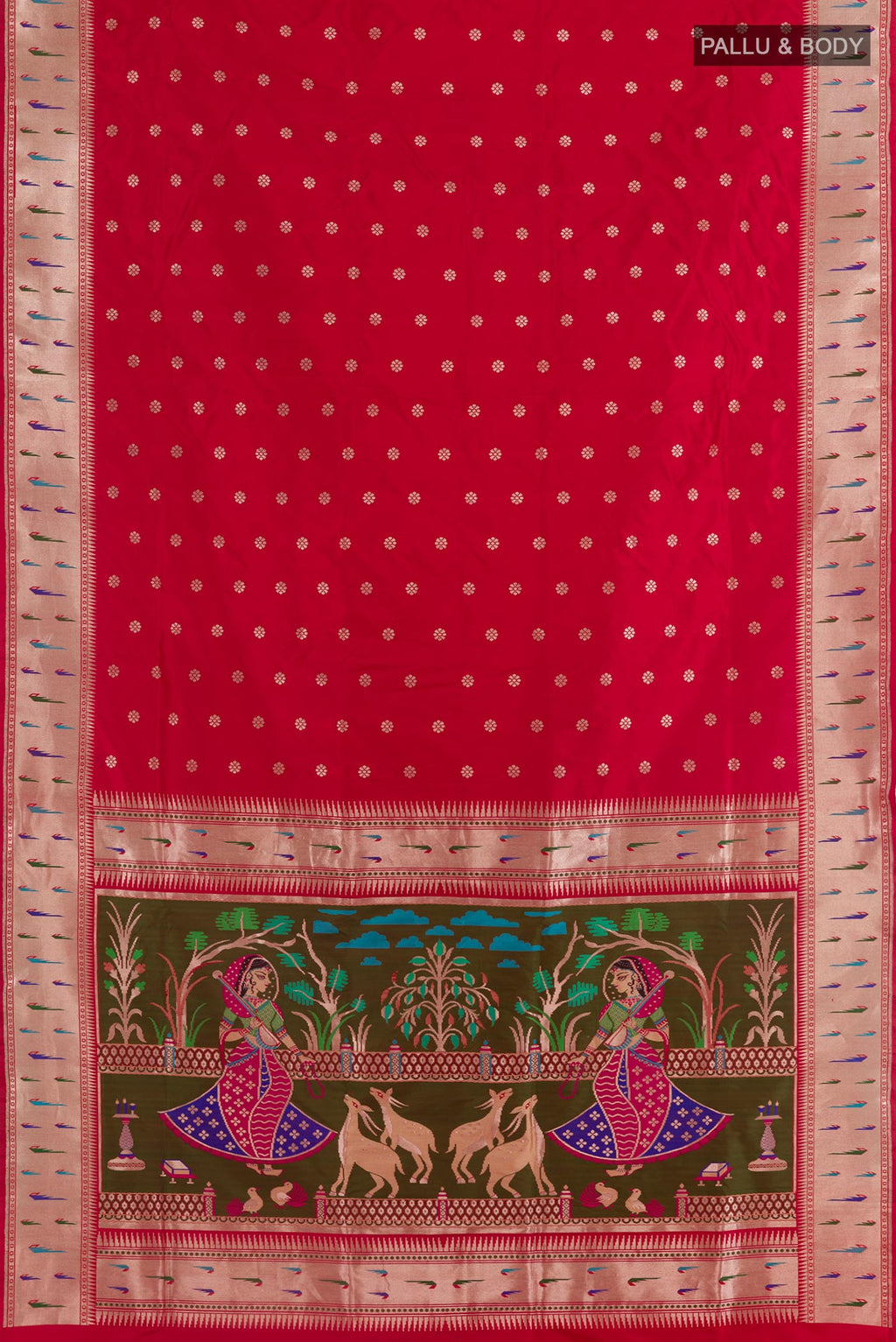 Flat view of Red Banarasi Silk Saree with Zari Butta on the body and Paithani Border. 