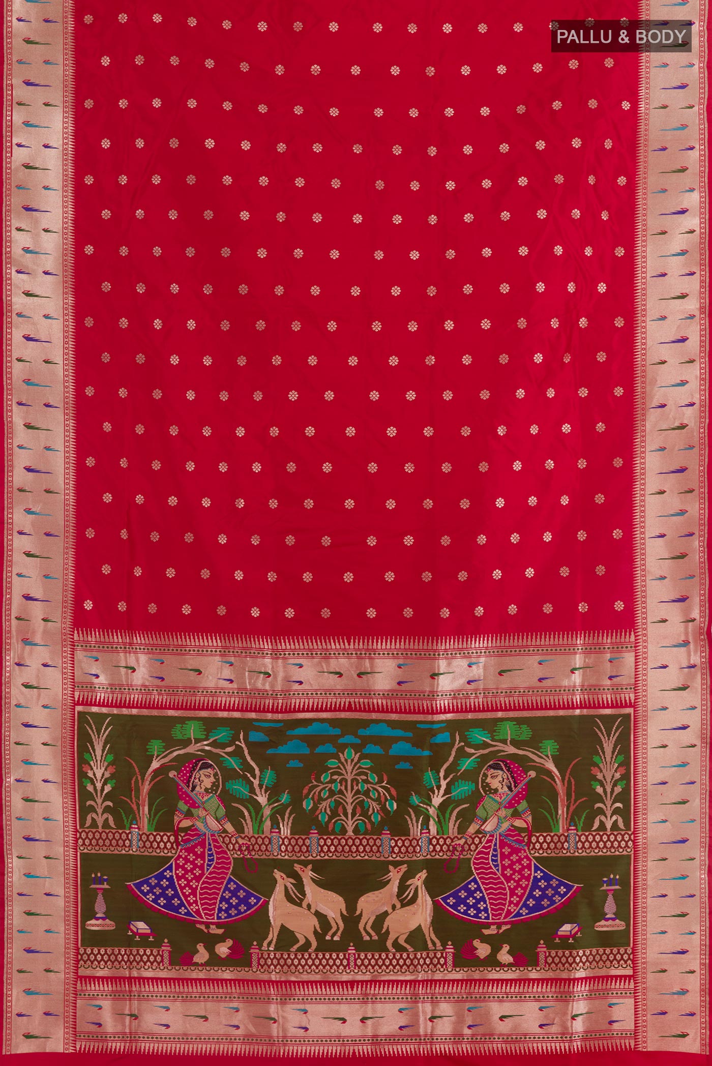Flat view of Red Banarasi Silk Saree with Zari Butta on the body and Paithani Border. 