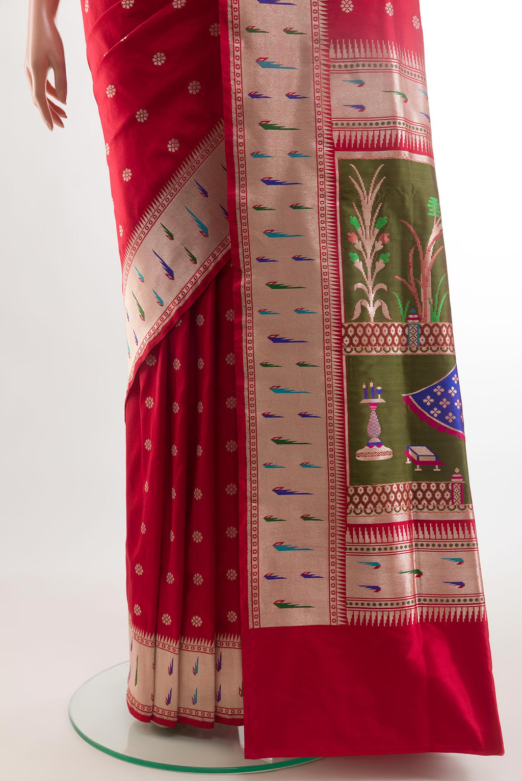 Pleats and pallu of Red Banarasi Silk Saree with Zari Butta on the body and Paithani Border. 