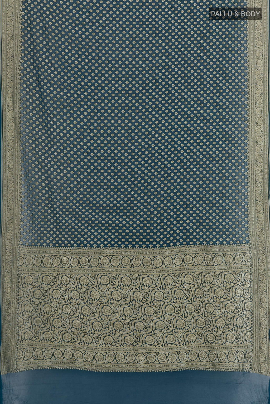Flat view of Dark Blue Banarasi Georgette Saree with Zari Butta on the body and Zari Border. 