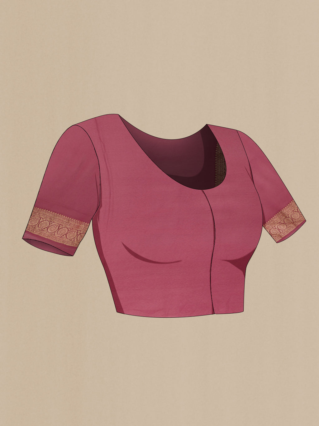 Close up image of the blouse of Mauve Banarasi Georgette Saree with Zari Butta on the body and Zari Border. 