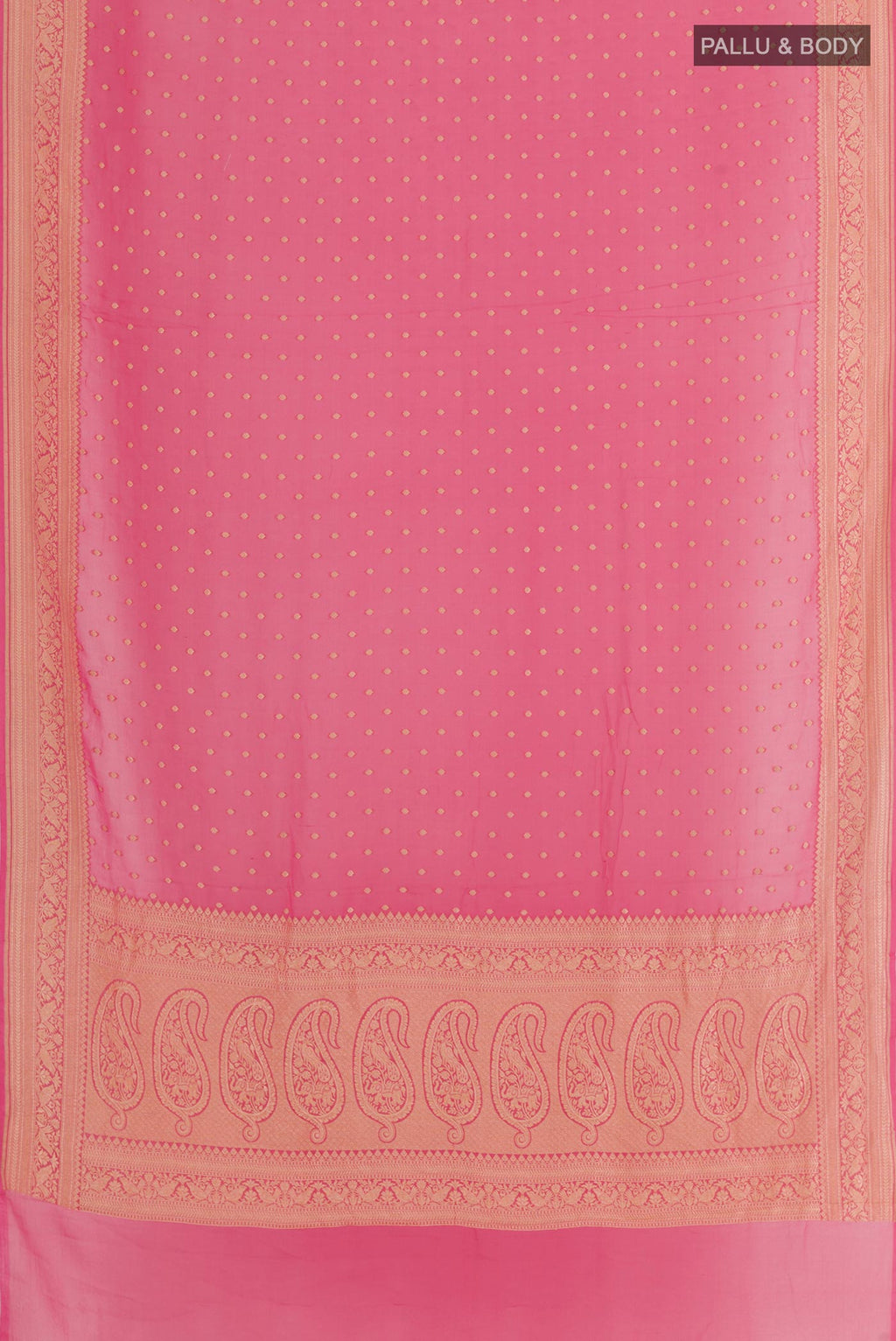 Flat view of Pink Banarasi Georgette Saree with Zari Butta on the body and Zari Border. 