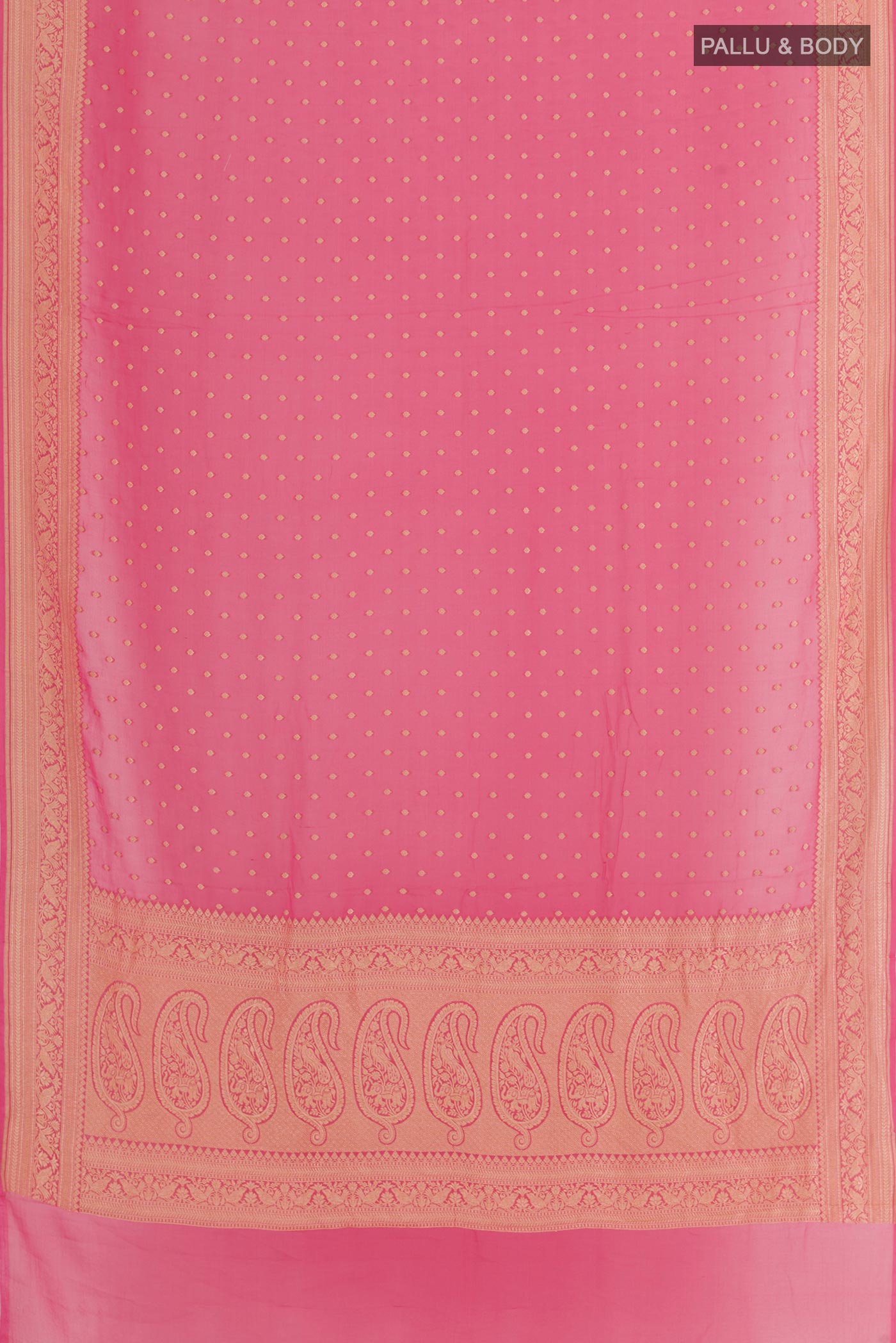 Flat view of Pink Banarasi Georgette Saree with Zari Butta on the body and Zari Border. 