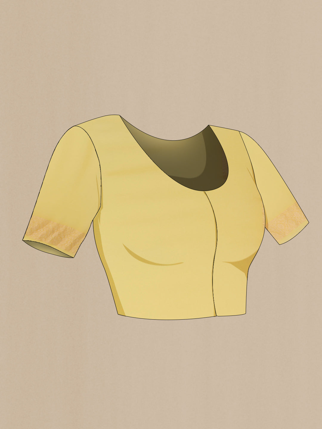 Close up image of the blouse of Yellow Banarasi Georgette Saree with Zari Butta on the body and Zari Border. 