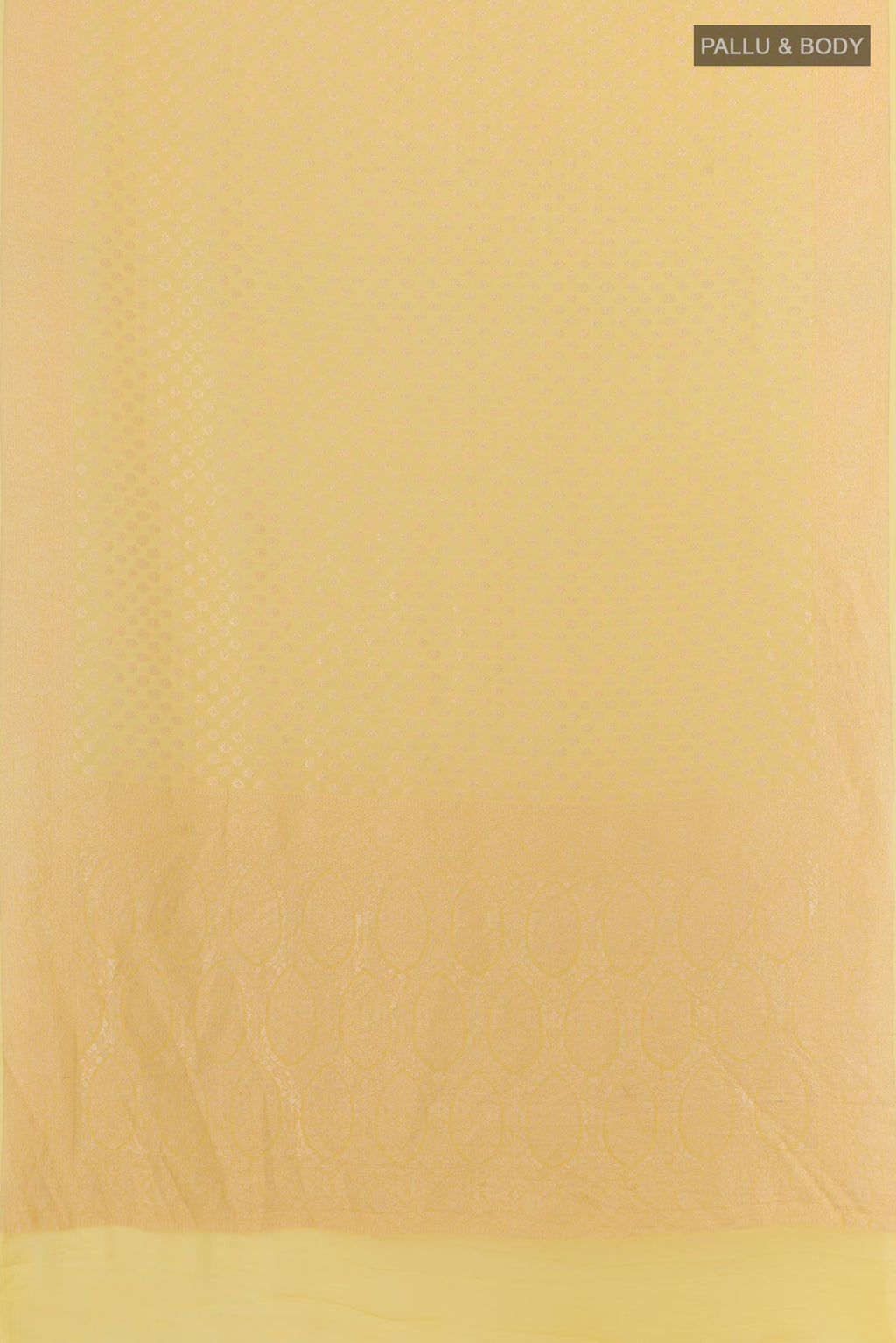 Flat view of Yellow Banarasi Georgette Saree with Zari Butta on the body and Zari Border. 
