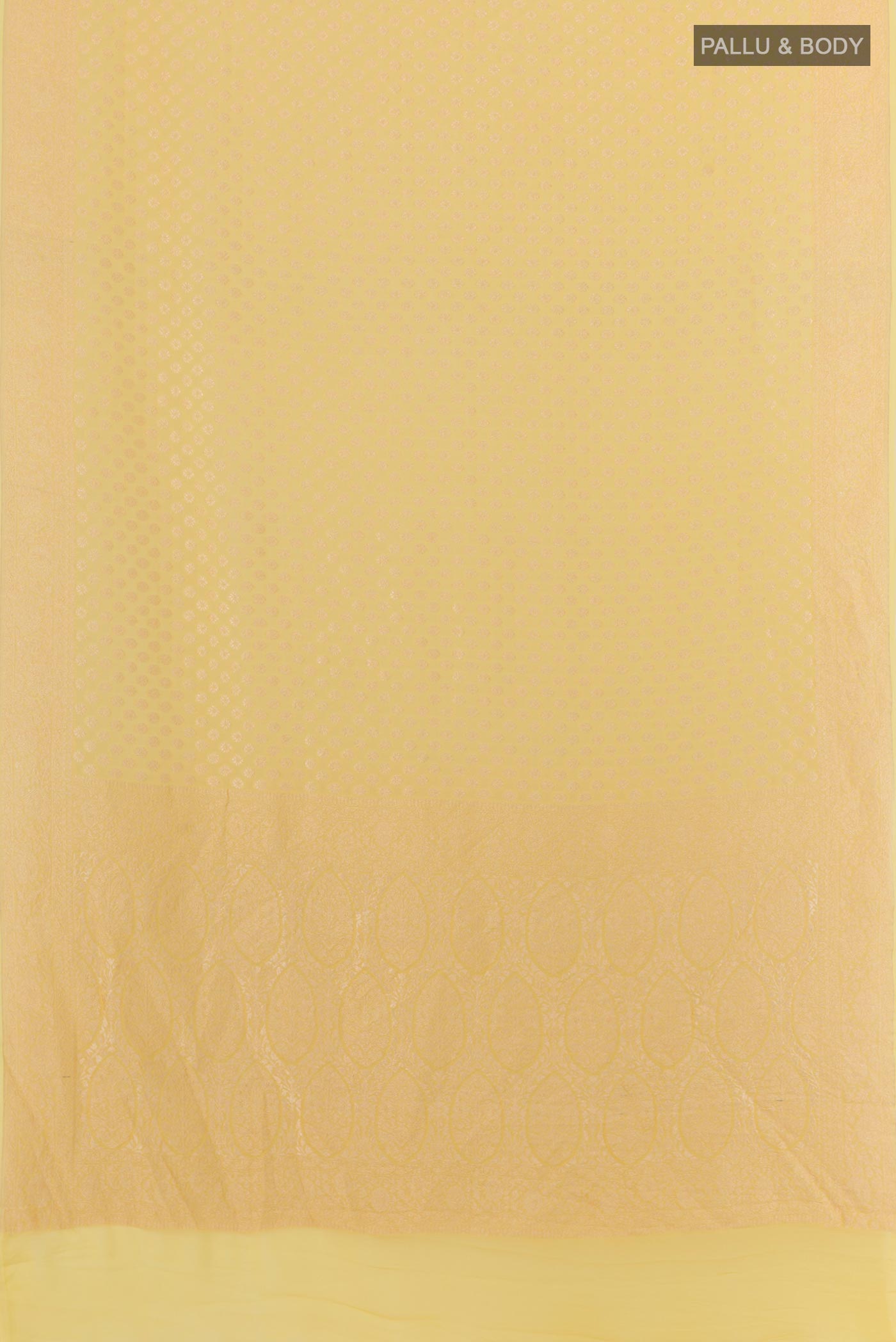 Flat view of Yellow Banarasi Georgette Saree with Zari Butta on the body and Zari Border. 