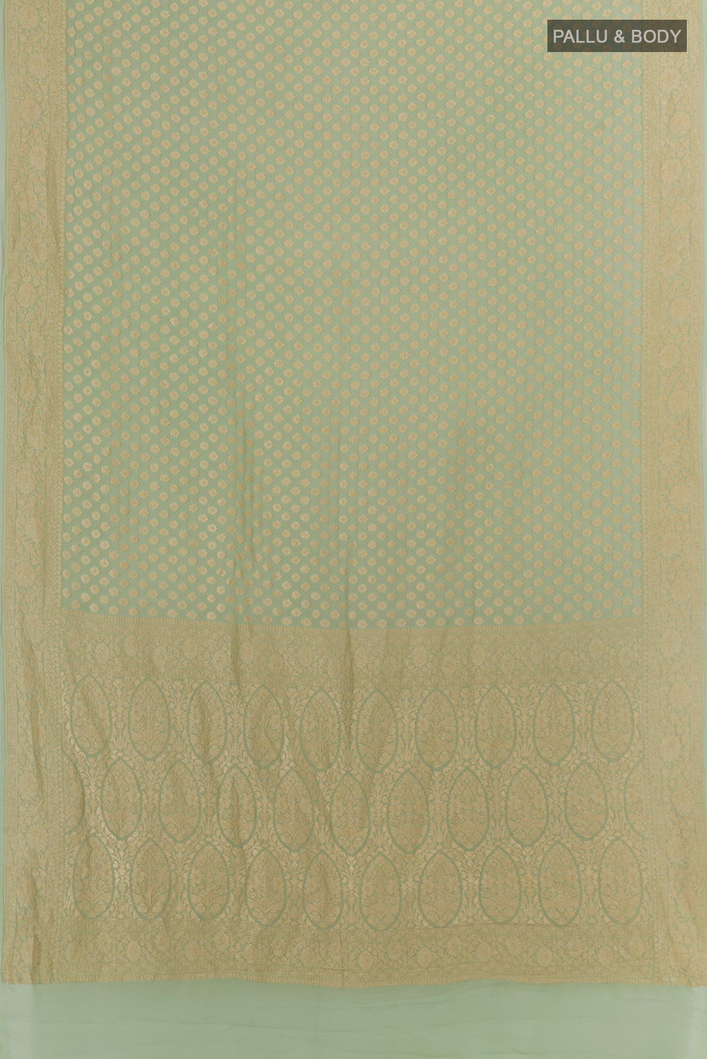 Flat view of Mint Green Banarasi Georgette Saree with Zari Brocade on the body and Zari Border. 