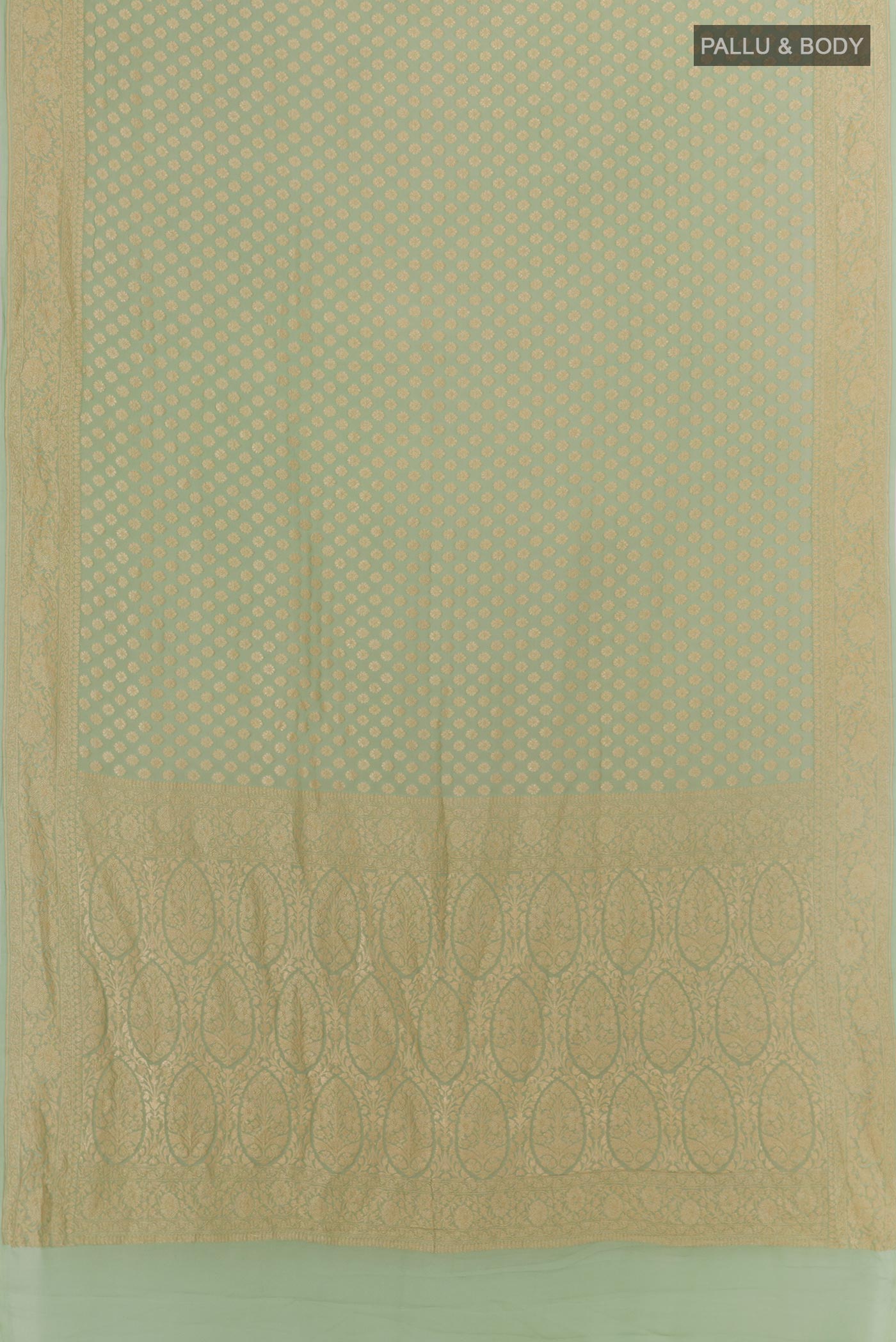 Flat view of Mint Green Banarasi Georgette Saree with Zari Brocade on the body and Zari Border. 