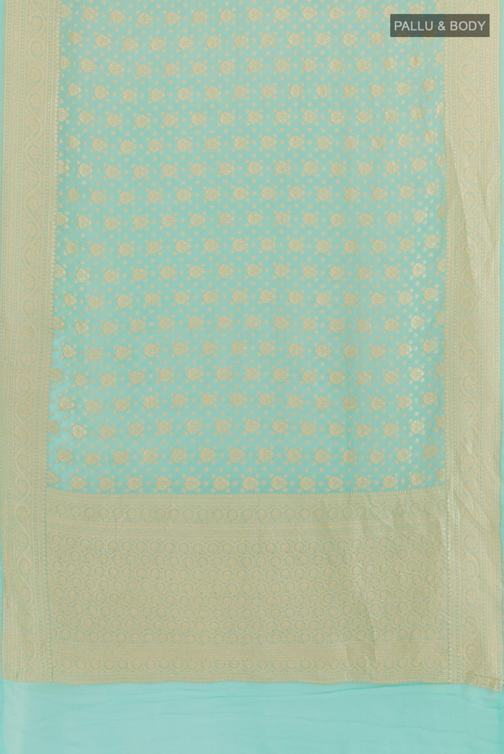 Flat view of Light Blue Banarasi Georgette Saree with Zari Brocade on the body and Zari Border. 