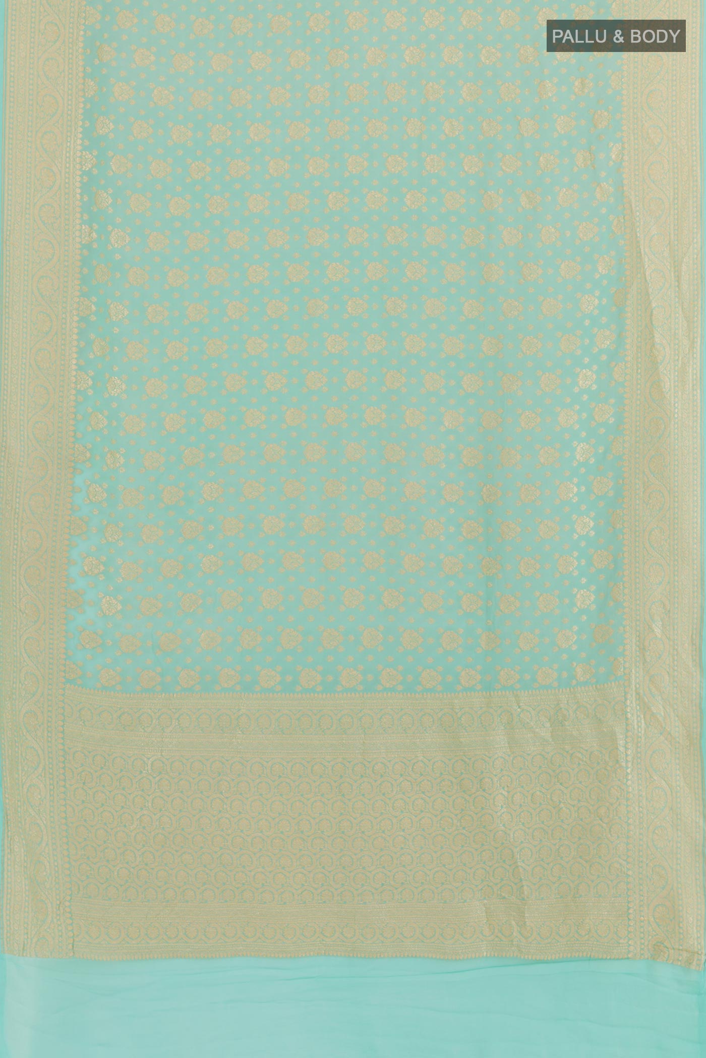 Flat view of Light Blue Banarasi Georgette Saree with Zari Brocade on the body and Zari Border. 