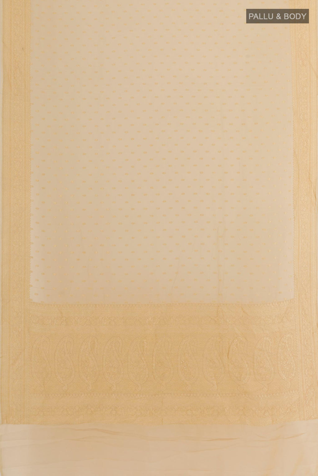 Flat view of Beige Banarasi Georgette Saree with Zari Butta on the body and Zari Border. 