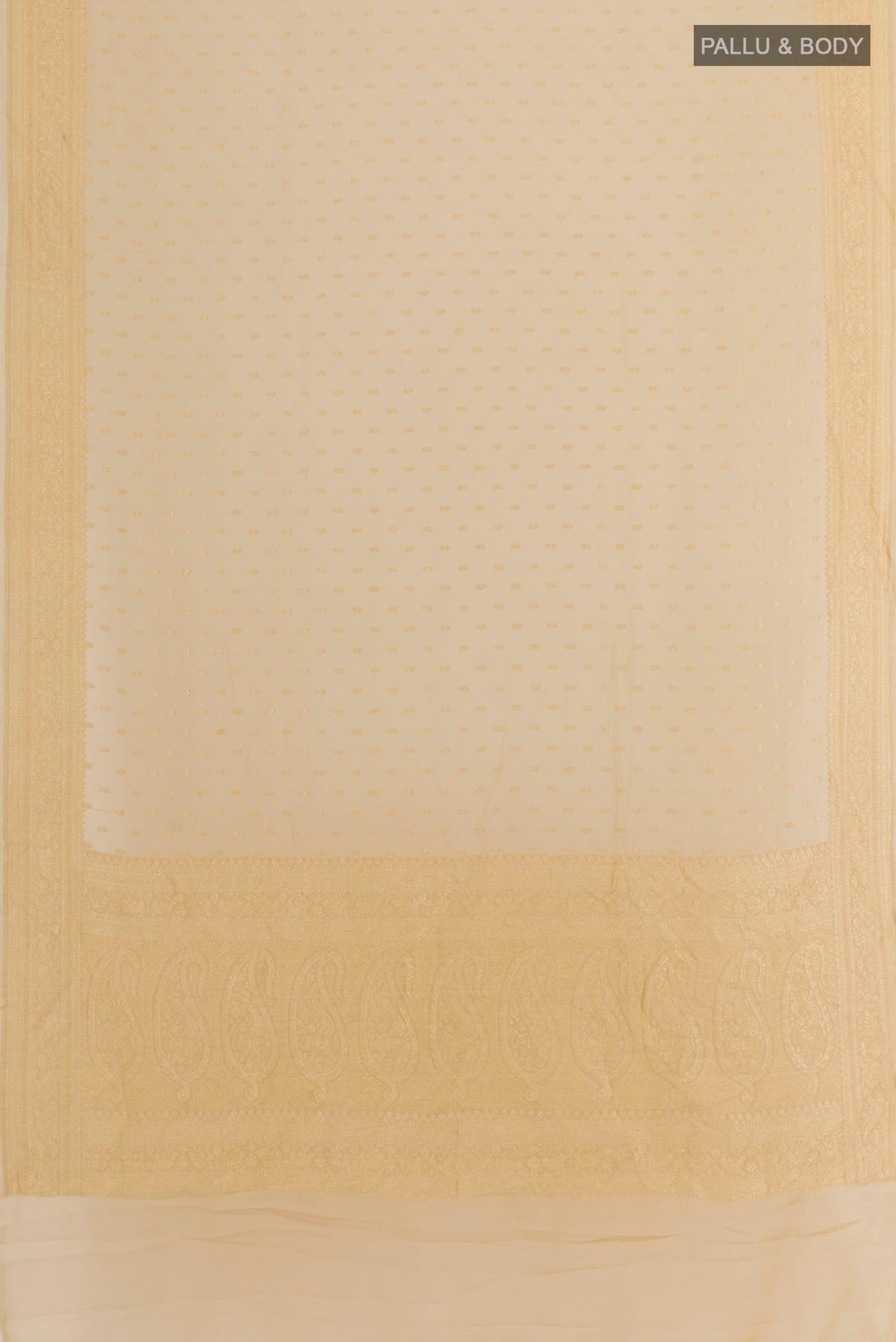 Flat view of Beige Banarasi Georgette Saree with Zari Butta on the body and Zari Border. 