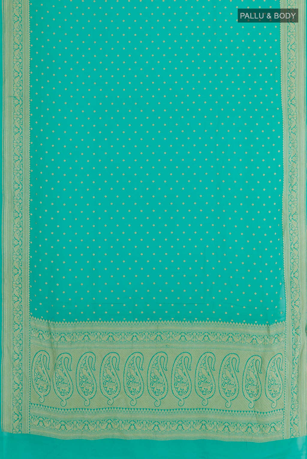 Flat view of Blue Banarasi Georgette Saree with Zari Butta on the body and Zari Border. 