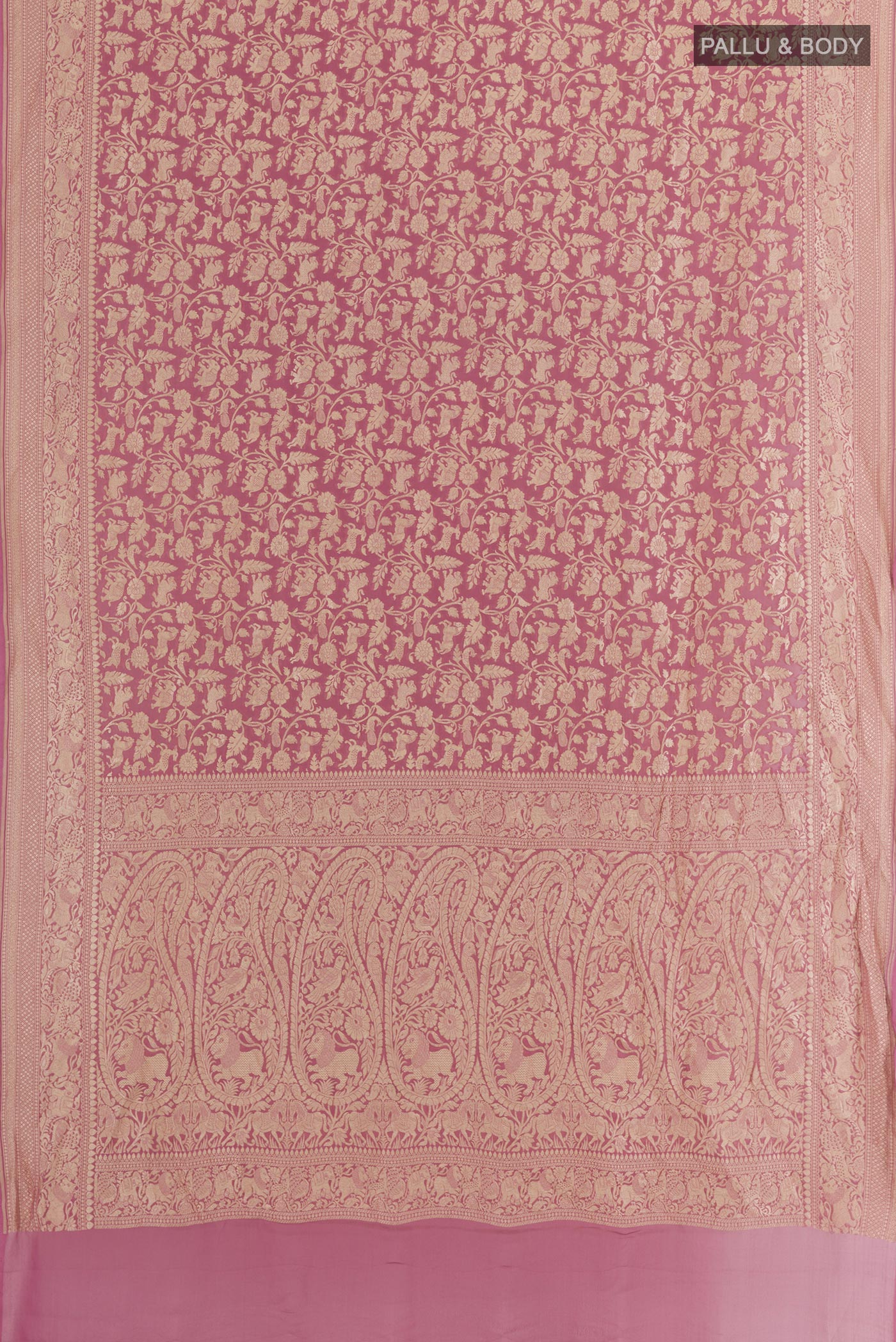 Flat view of Pink Banarasi Georgette Saree with Zari Brocade on the body and Zari Border. 