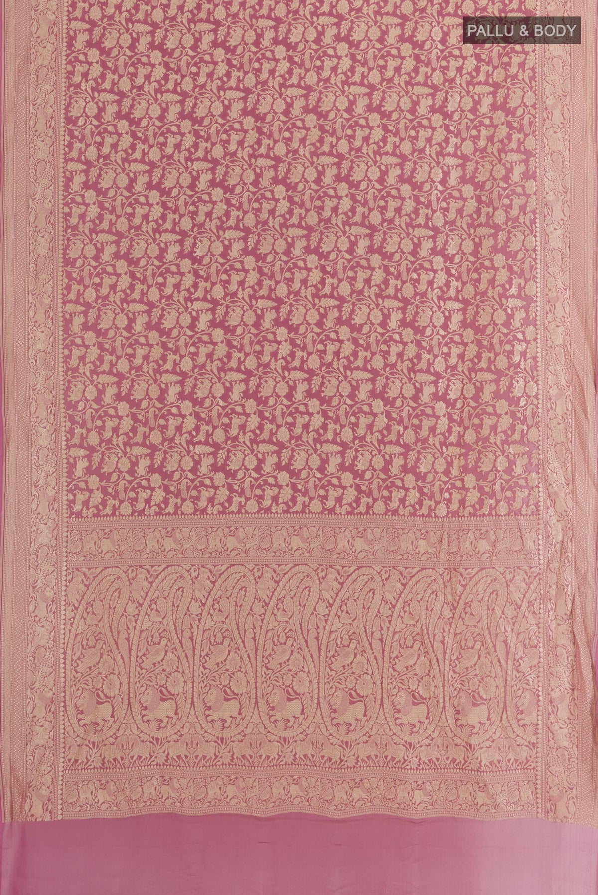 Flat view of Pink Banarasi Georgette Saree with Zari Brocade on the body and Zari Border. 