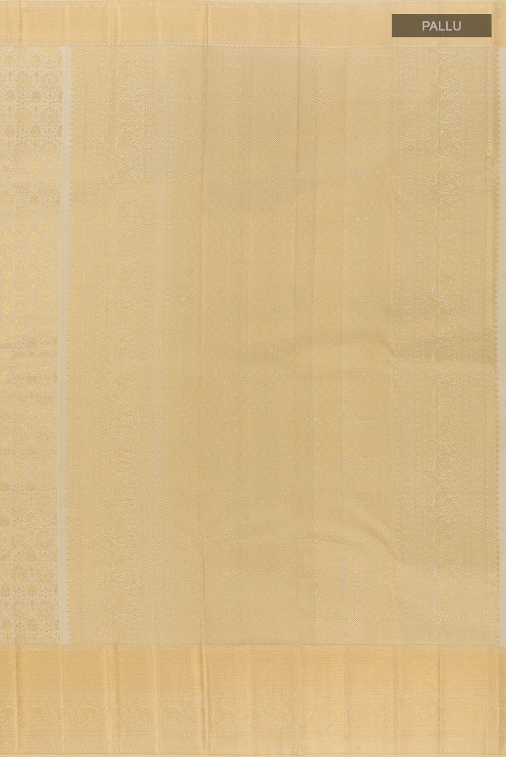 Close up image of the pallu of Beige Kanchipuram Silk Saree with Zari Brocade on the body and Zari Border. 