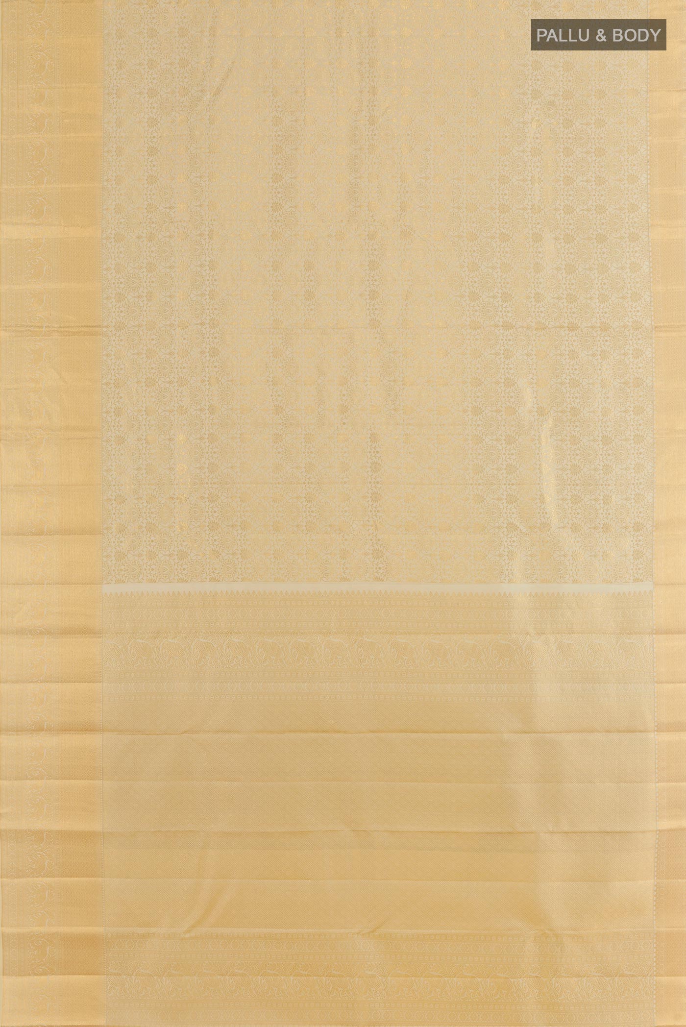 Flat view of Beige Kanchipuram Silk Saree with Zari Brocade on the body and Zari Border. 