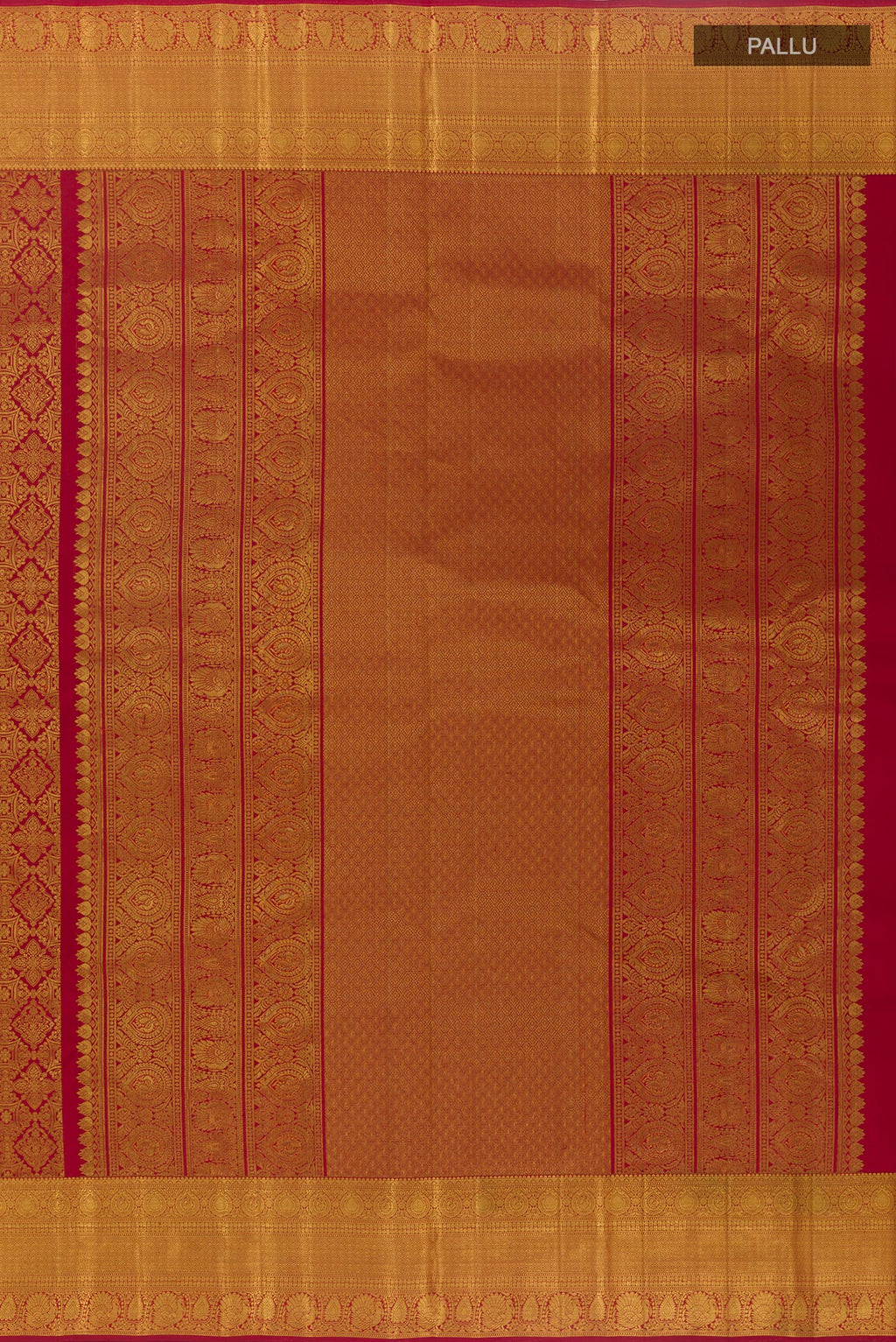 Close up image of the pallu of Maroon Kanchipuram Silk Saree with Zari Brocade on the body and Zari Border. 