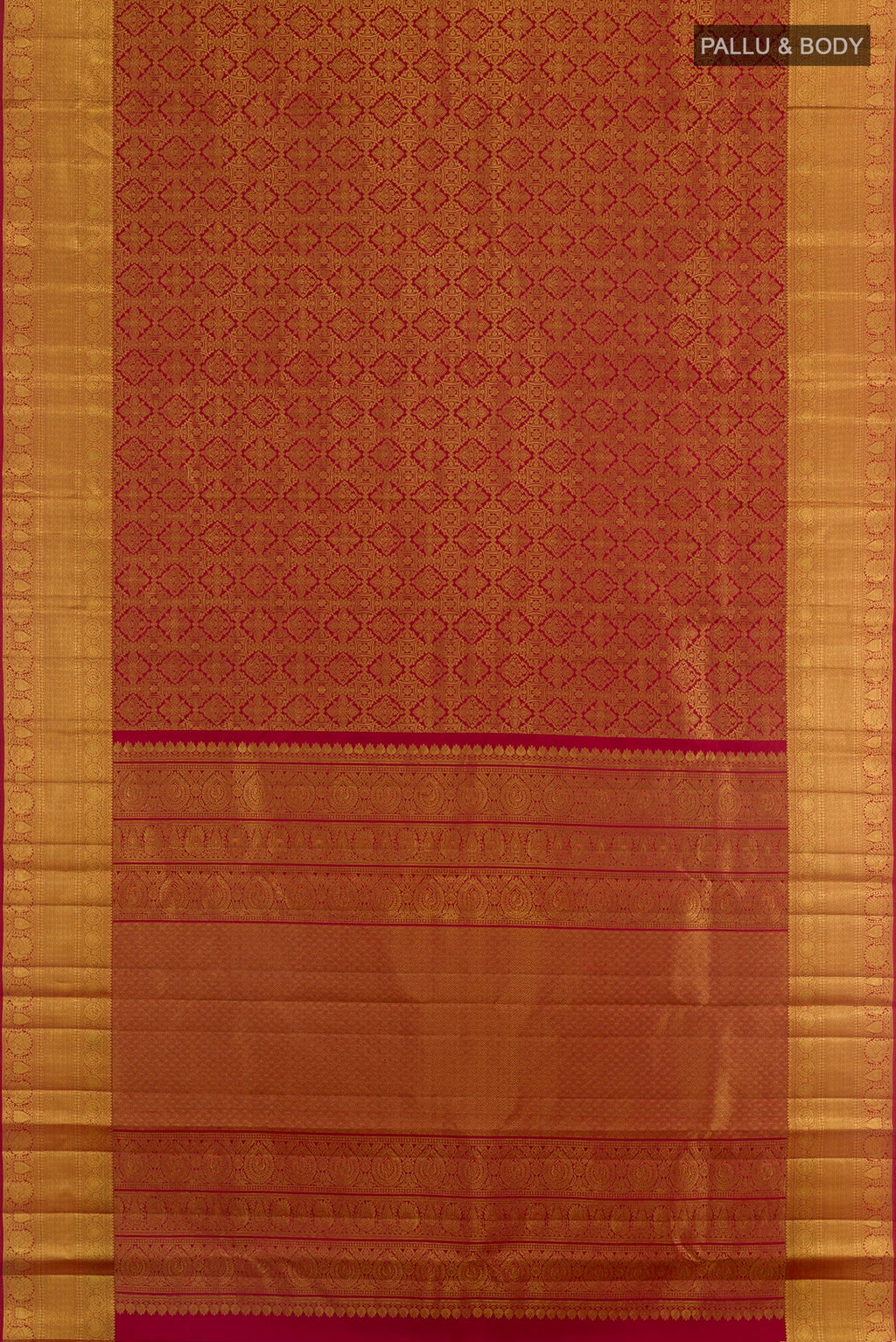 Flat view of Maroon Kanchipuram Silk Saree with Zari Brocade on the body and Zari Border. 