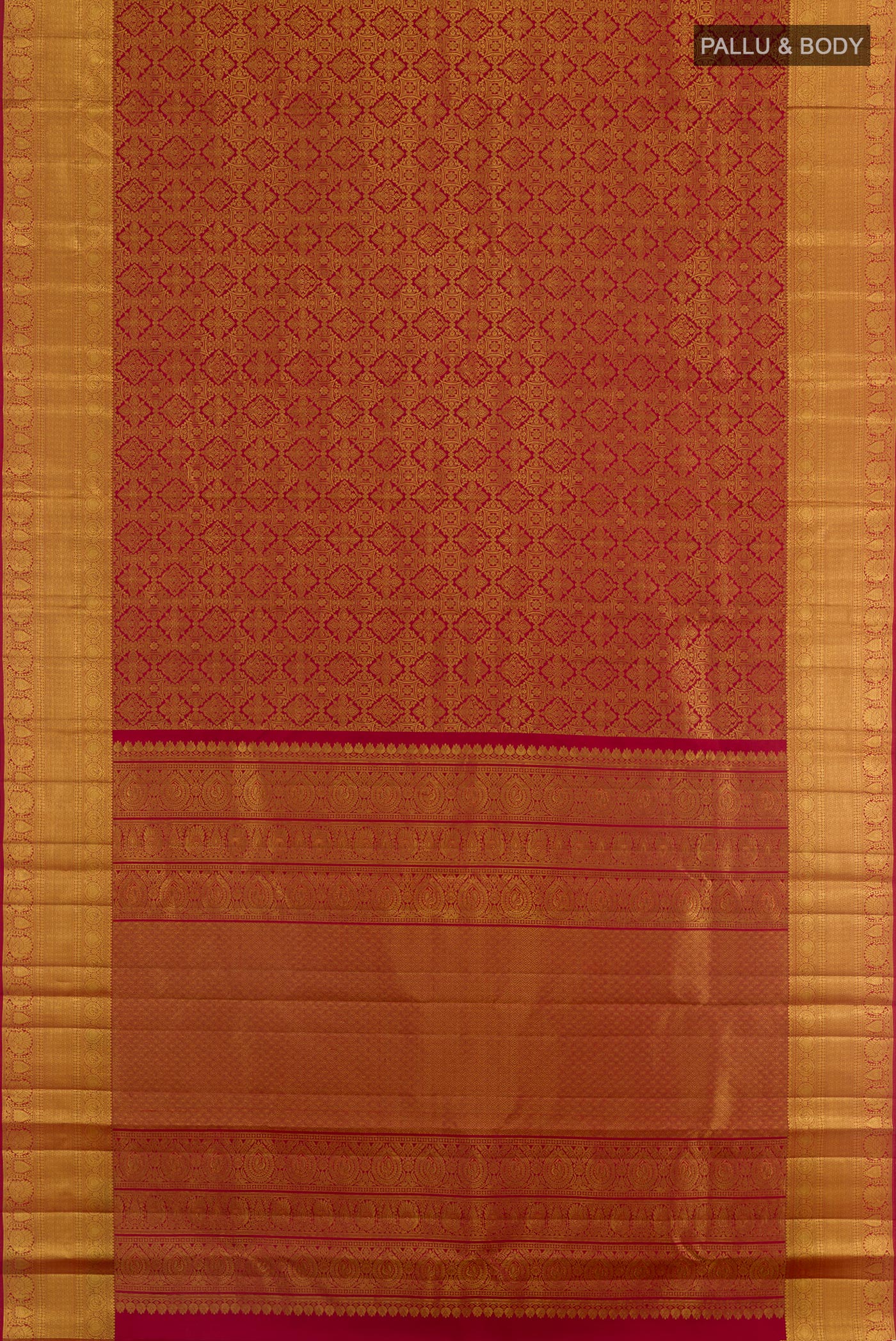 Flat view of Maroon Kanchipuram Silk Saree with Zari Brocade on the body and Zari Border. 