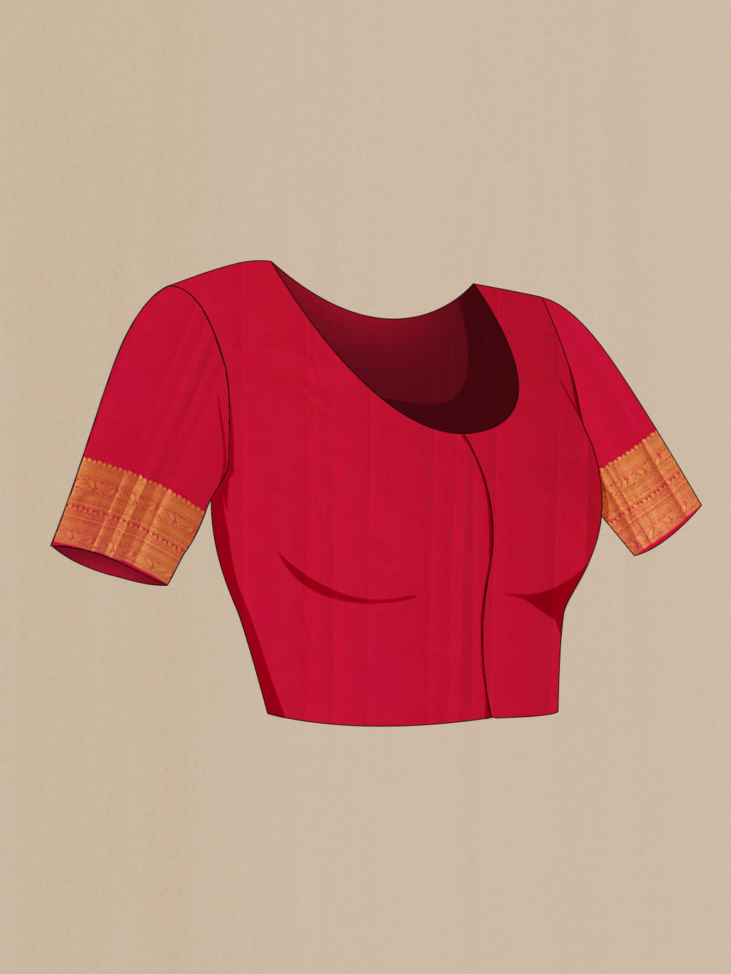 Close up image of the blouse of Red Kanchipuram Silk Saree with Zari Brocade on the body and Zari Border. 