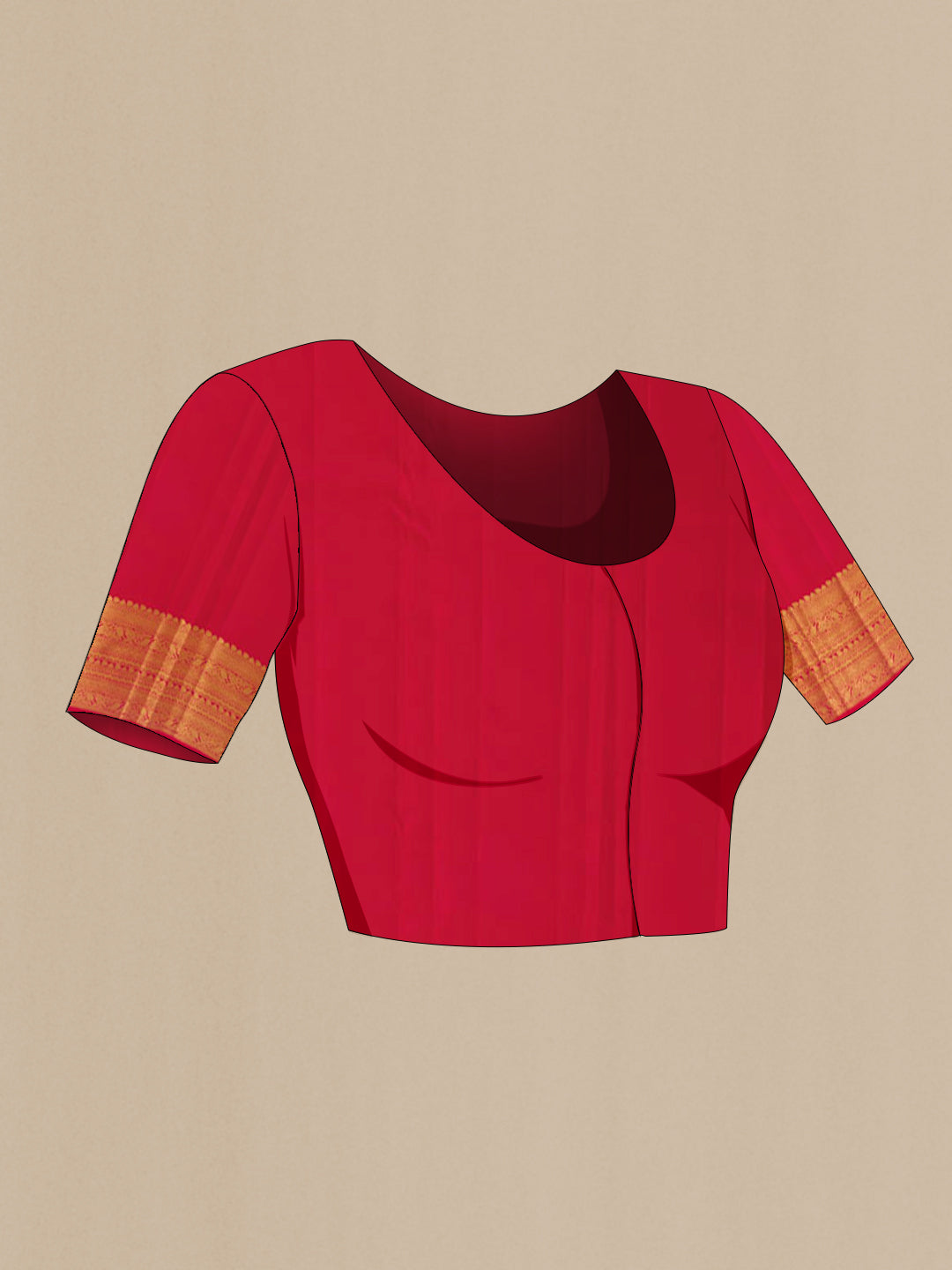 Close up image of the blouse of Red Kanchipuram Silk Saree with Zari Brocade on the body and Zari Border. 