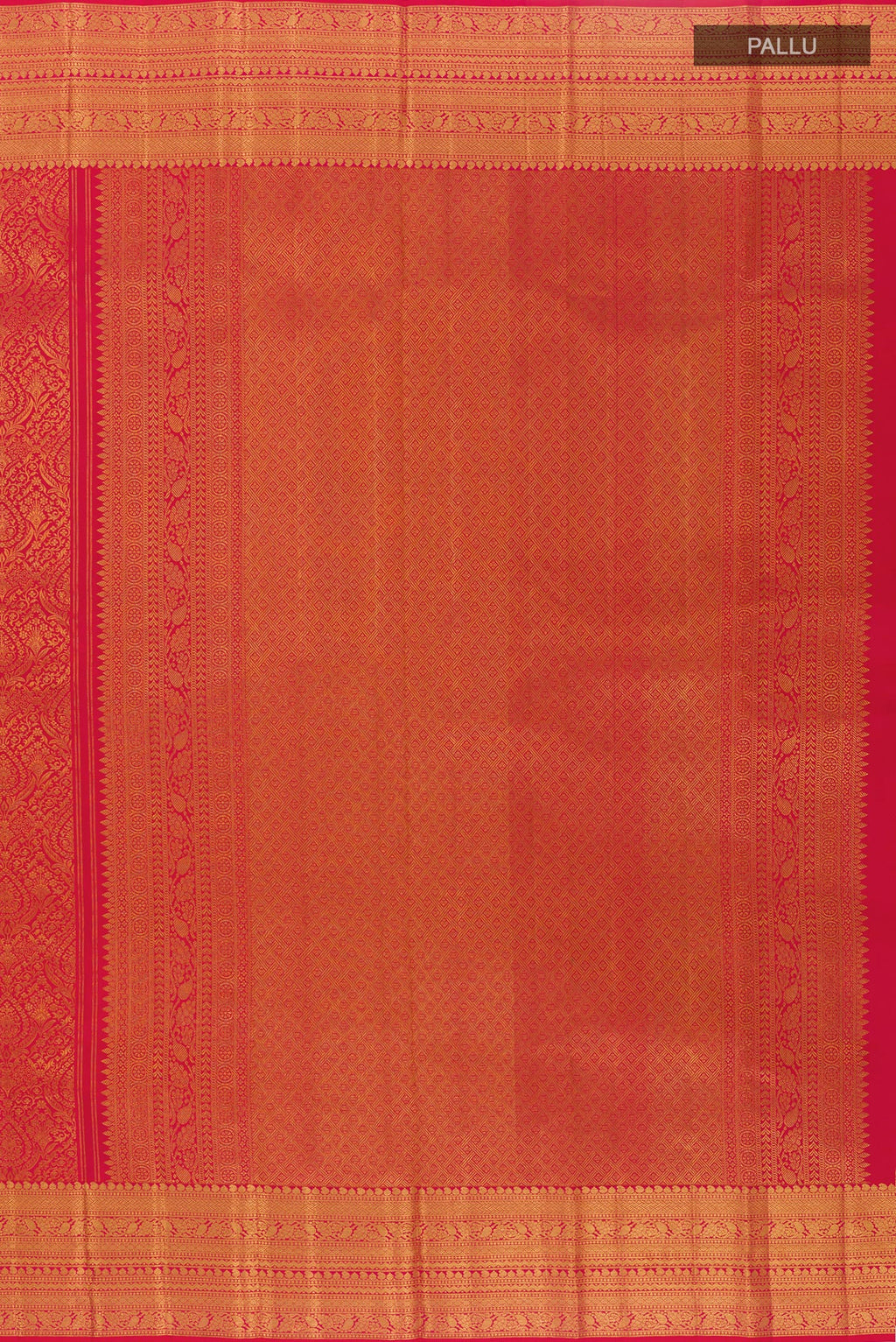 Close up image of the pallu of Red Kanchipuram Silk Saree with Zari Brocade on the body and Zari Border. 