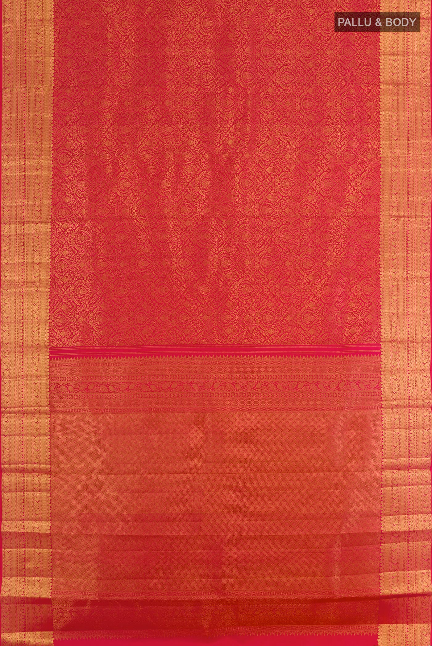 Flat view of Red Kanchipuram Silk Saree with Zari Brocade on the body and Zari Border. 